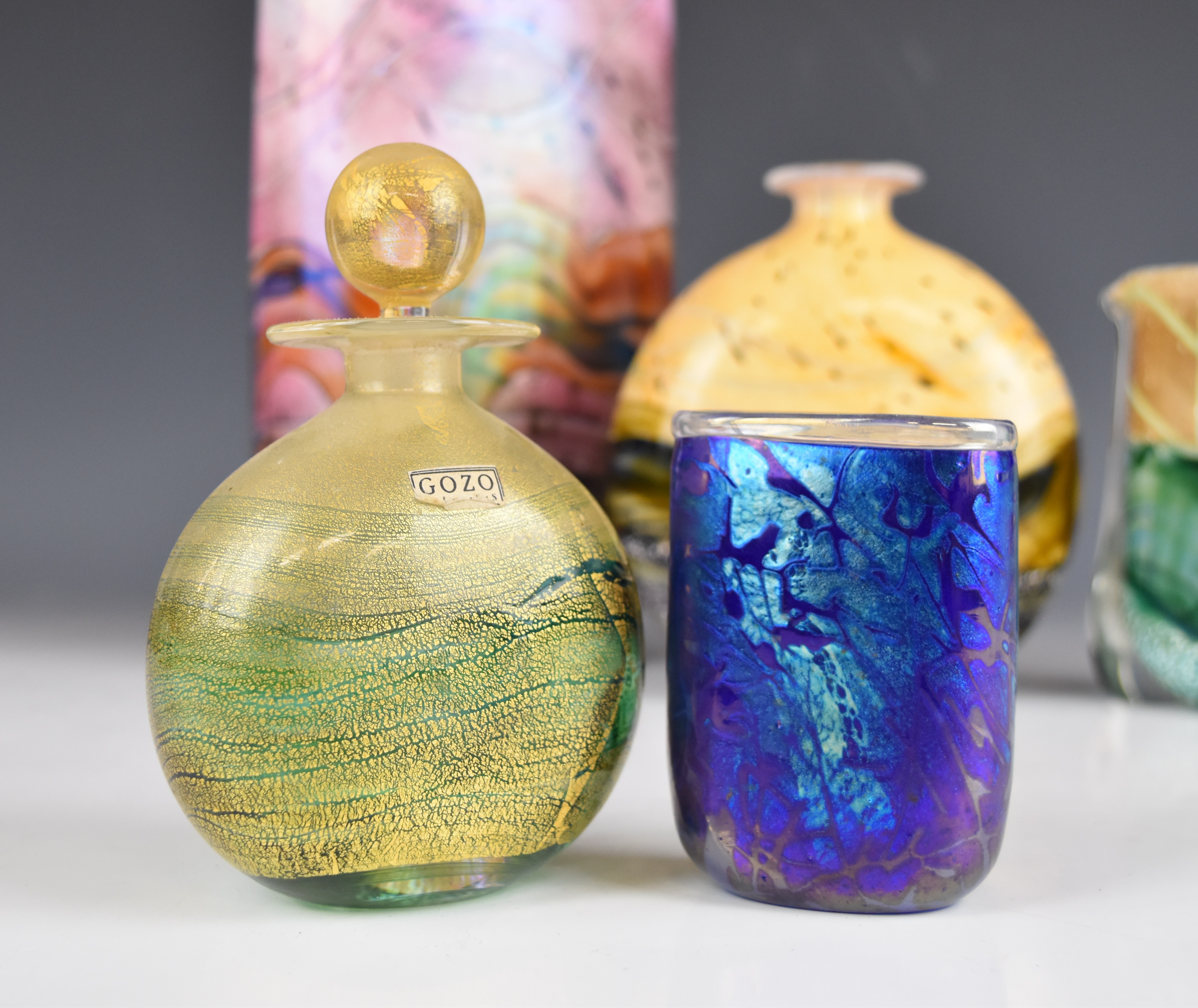 Five pieces of Gozo glass comprising four vases and a scent bottle, some with iridescent - Image 2 of 7