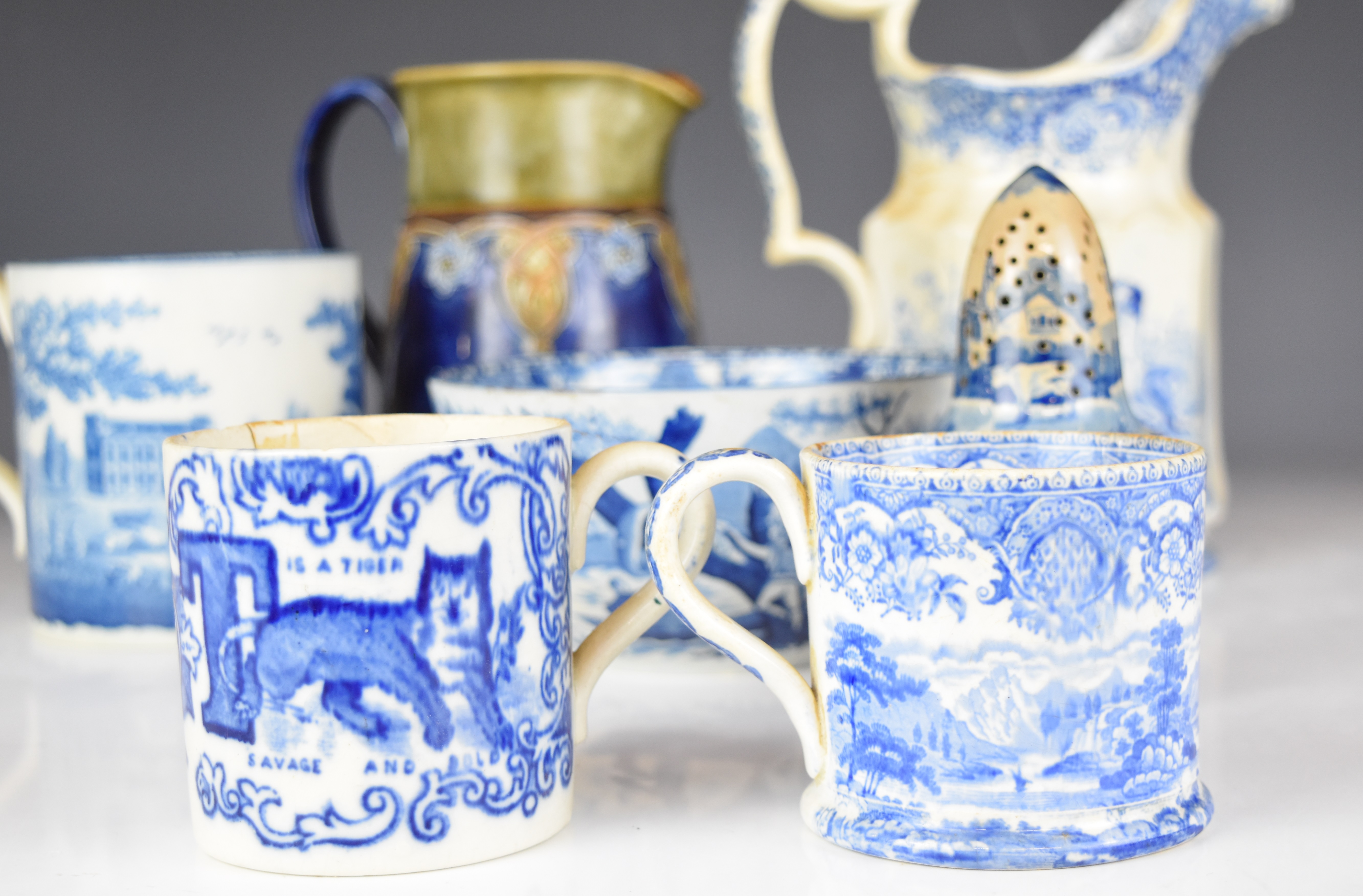 19thC blue and white transfer printed ware including a sifter, large tankard, jug with sporting - Image 2 of 8