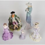 Lladro figurine of a girl reading, Staffordshire figure of a man with gun and dog and Coalport