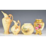 Four Royal Worcester blush ivory footed vases and ewers including one with decoration of roses and