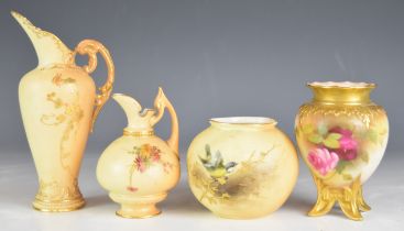 Four Royal Worcester blush ivory footed vases and ewers including one with decoration of roses and