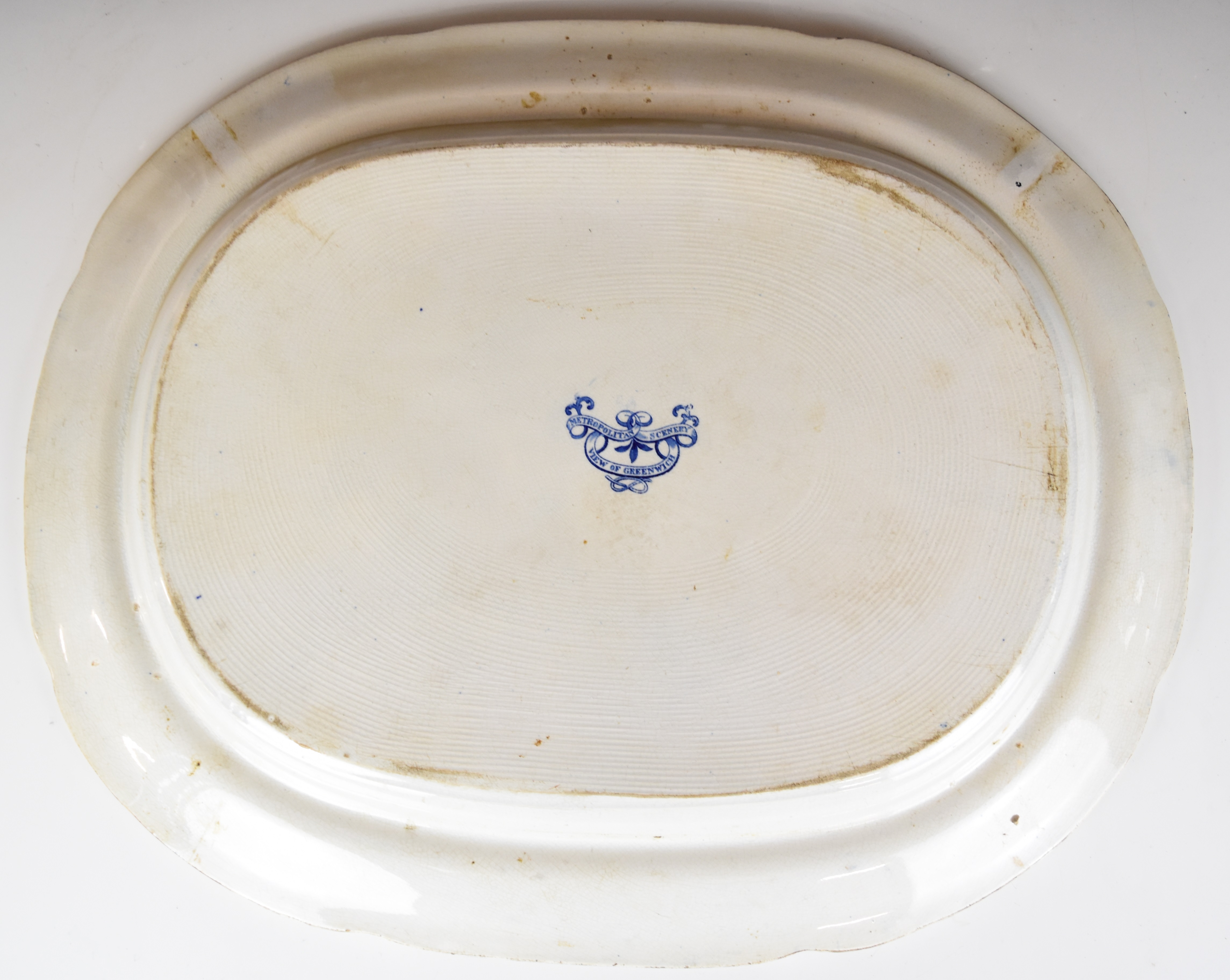 19thC blue and white transfer printed meat platter 'Metropolitan Scenery, view of Greenwich', 45 x - Image 5 of 6