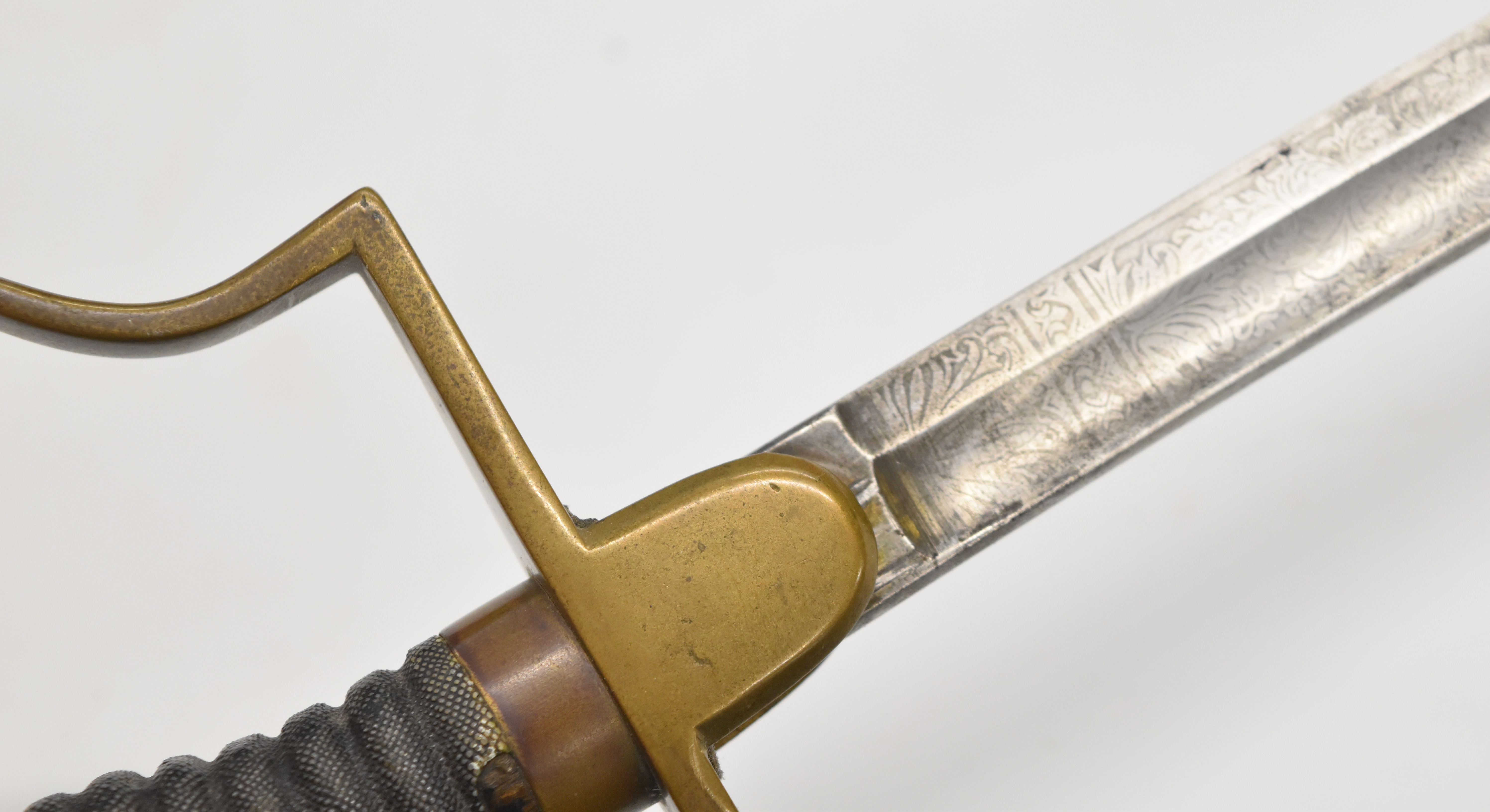 Prussian Artillery Officer's sword with stirrup hilt, shagreen grip, 80cm decorated blade and - Image 9 of 11
