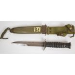 American WW2 fighting knife with leather grip, 16.5cm double edged blade and scabbard stamped US