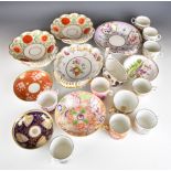 19thC porcelain saucers, dishes, coffee cans and cups including New Hall, Ridgway, bat print