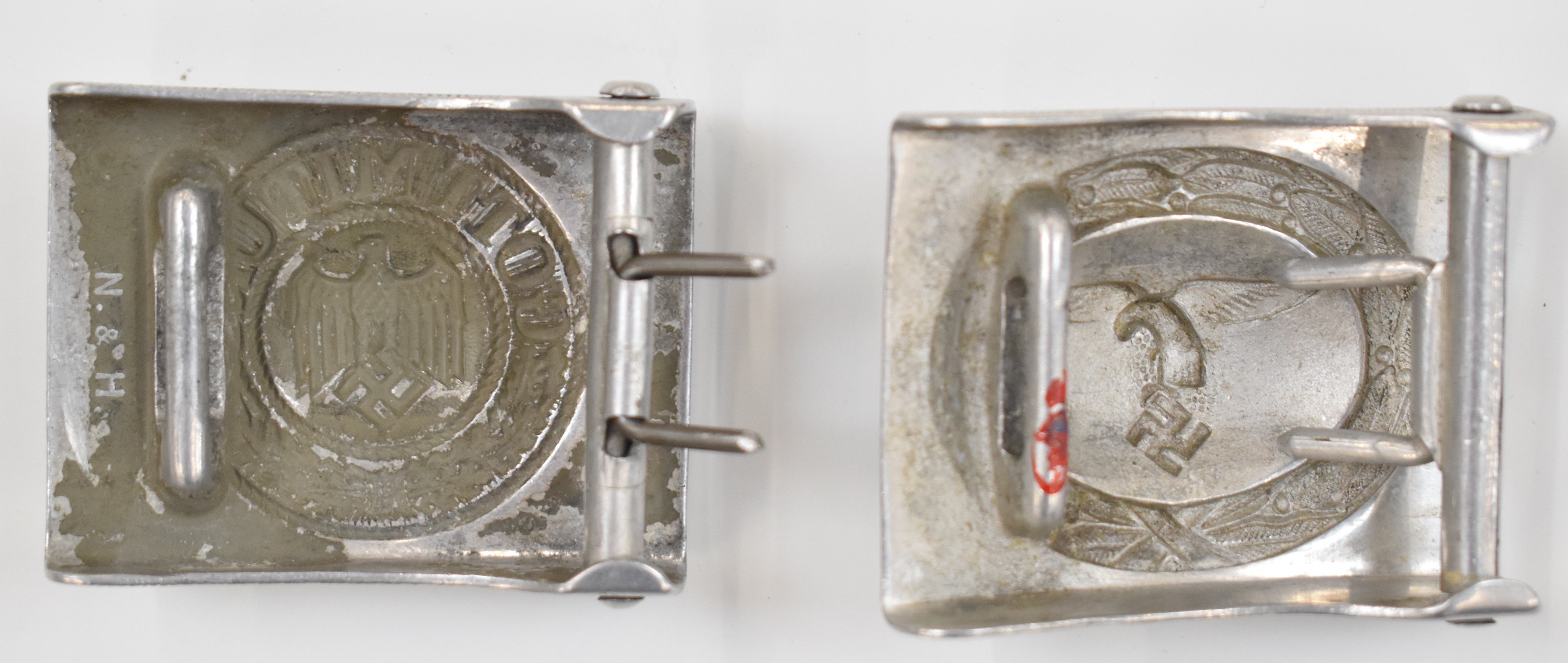 Two German WW2 Nazi Third Reich belt buckles, one Luftwaffe the other 'Gott Mit Uns' stamped N&M - Image 2 of 2