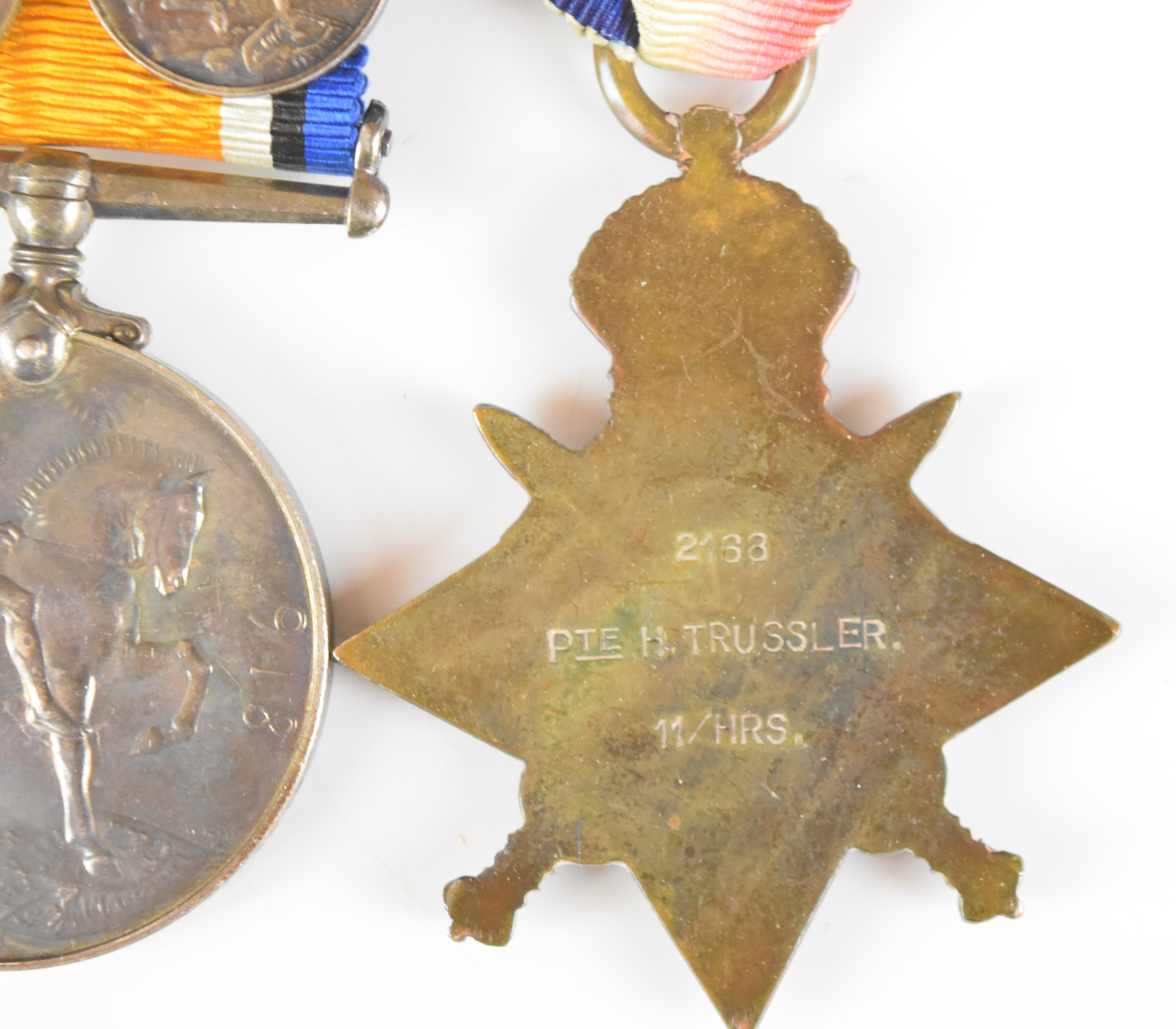 British Army WW1 11th Hussars medal trio comprising 1914 'Mons' Star with clasp for 5th August to - Image 11 of 13