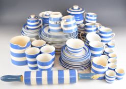 T.G. Green blue Cornishware, to include plates, cups, jars, jug and rolling pin, approximately 75