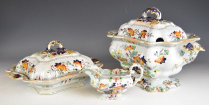 Mason's style 19thC Real Stone China two twin handled pedestal tureens and a jug, largest W35 x