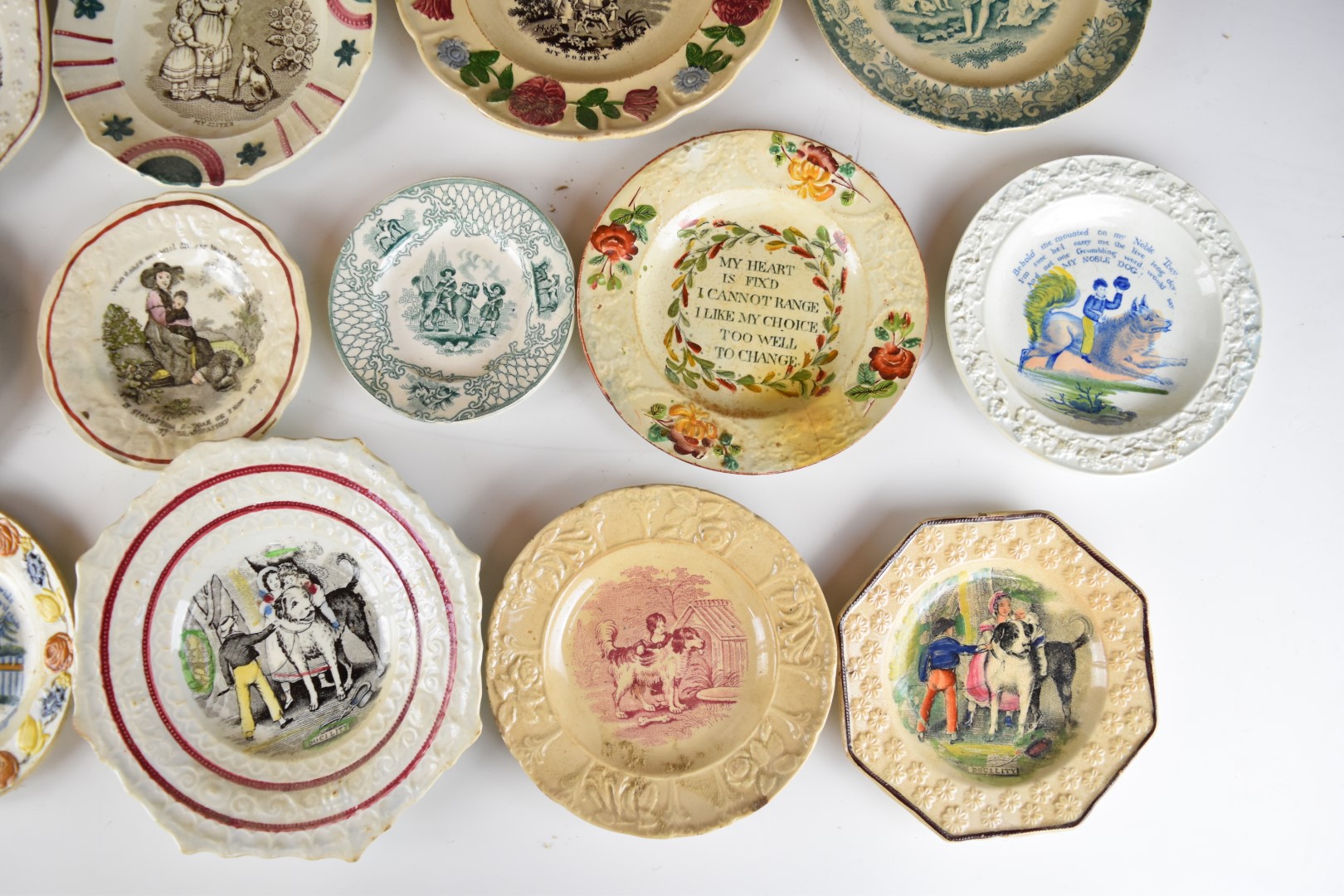 19thC nursery ware plates, mostly featuring dogs / children including The Romp, Docility, My Noble - Image 2 of 8