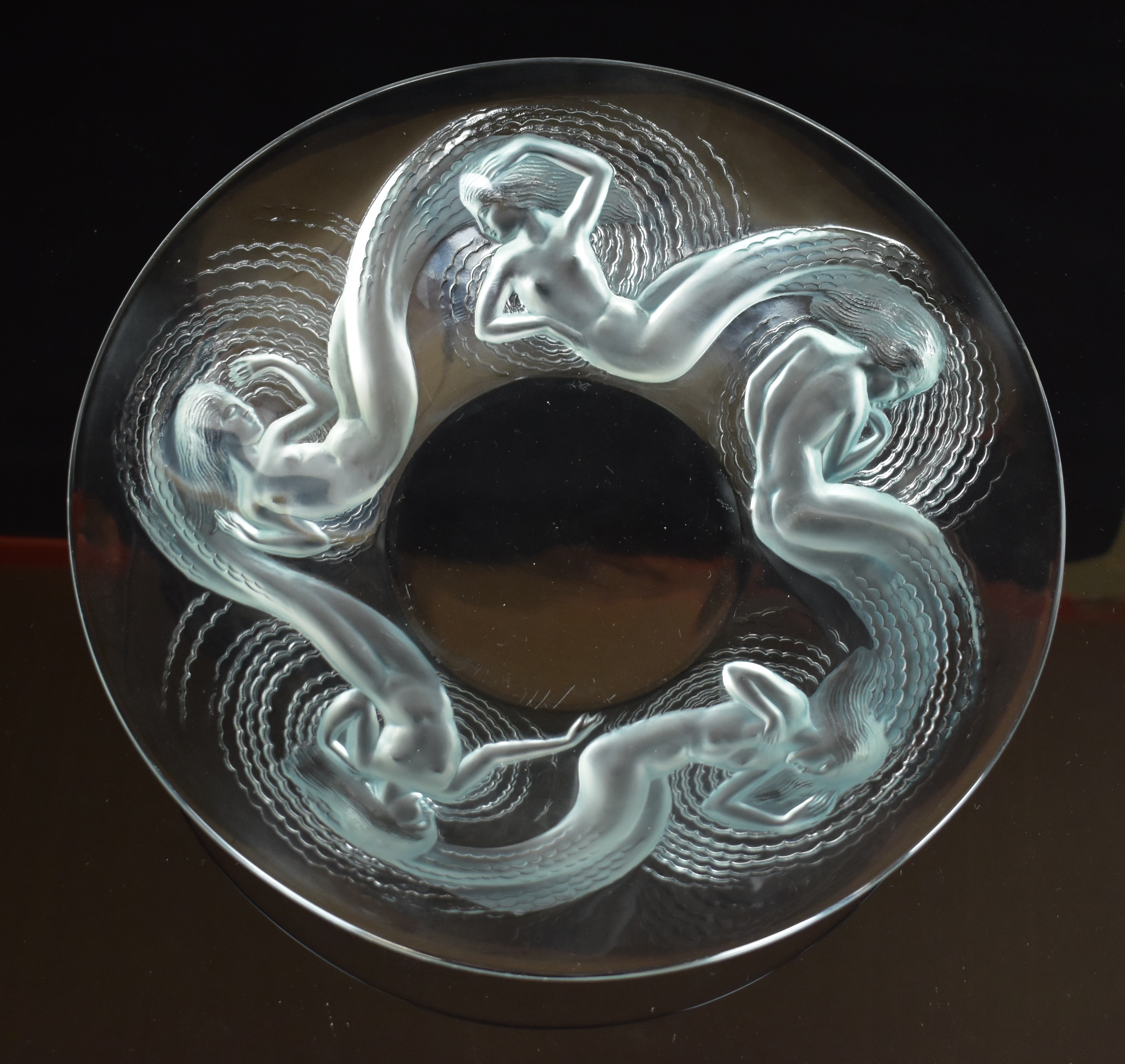 Lalique Calypso pattern glass bowl decorated in relief with five mermaids, No. 381, signed 'R
