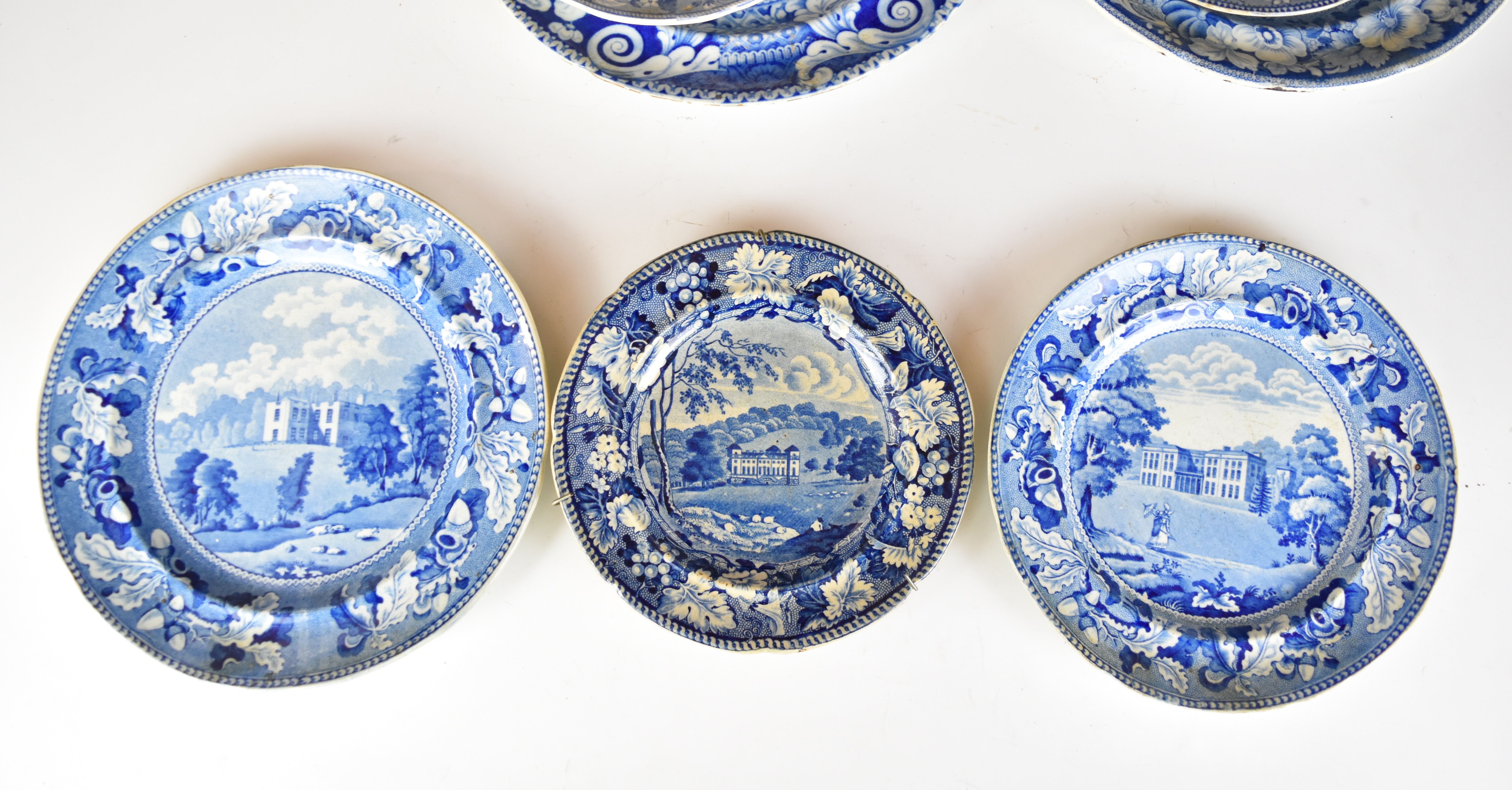 Collection of 19thC blue and white transfer printed ware, named scenes include Lambton Hall - Image 3 of 6