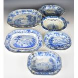 19thC blue and white transfer printed dishes and platters with named scenes including Leighton