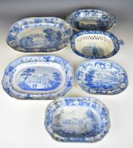19thC blue and white transfer printed dishes and platters with named scenes including Leighton