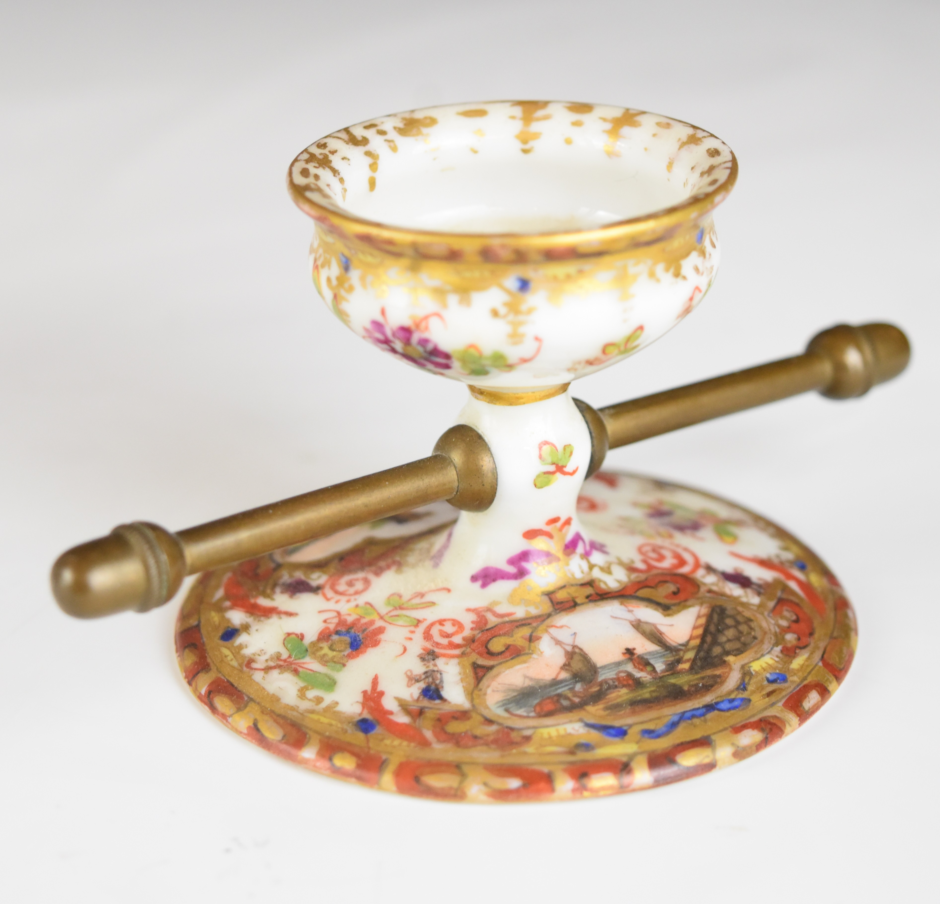 Dresden unusual cup or tastevin the tooled bronze handle with acorn finials, height 5cm, the base - Image 5 of 7