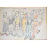 WW2 prisoner of war camp interest pen ink and coloured pencil or similar cartoon titled 'Parade in