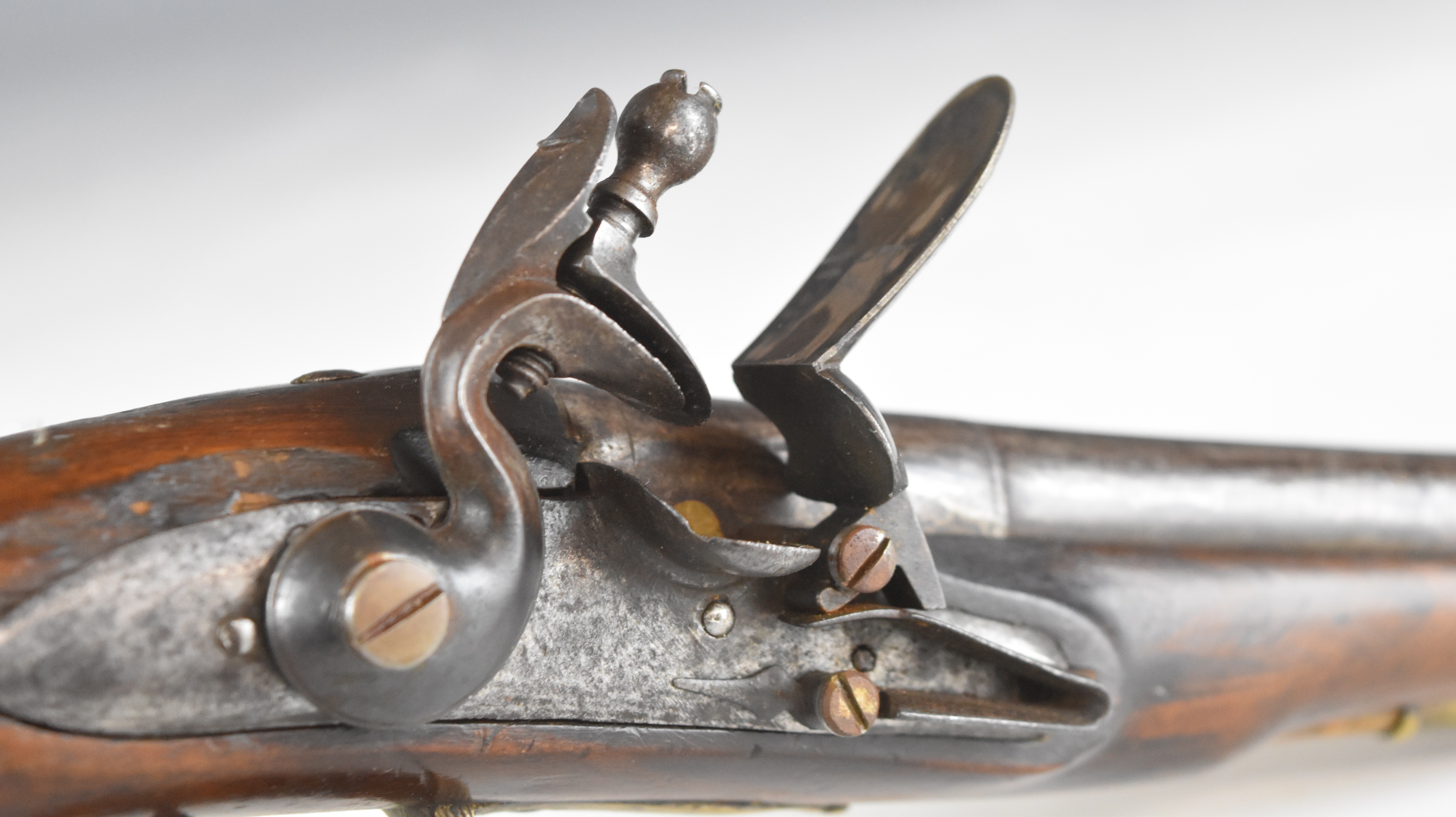 Unnamed flintlock holster pistol with brass trigger guard and mounts, wooden ram-rod and 6 inch - Image 8 of 9