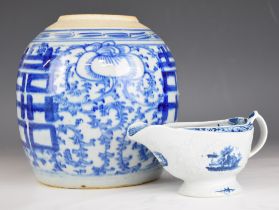 19thC Chinese ginger jar and an 18thC relief moulded sauce boat, probably Worcester, tallest 18cm