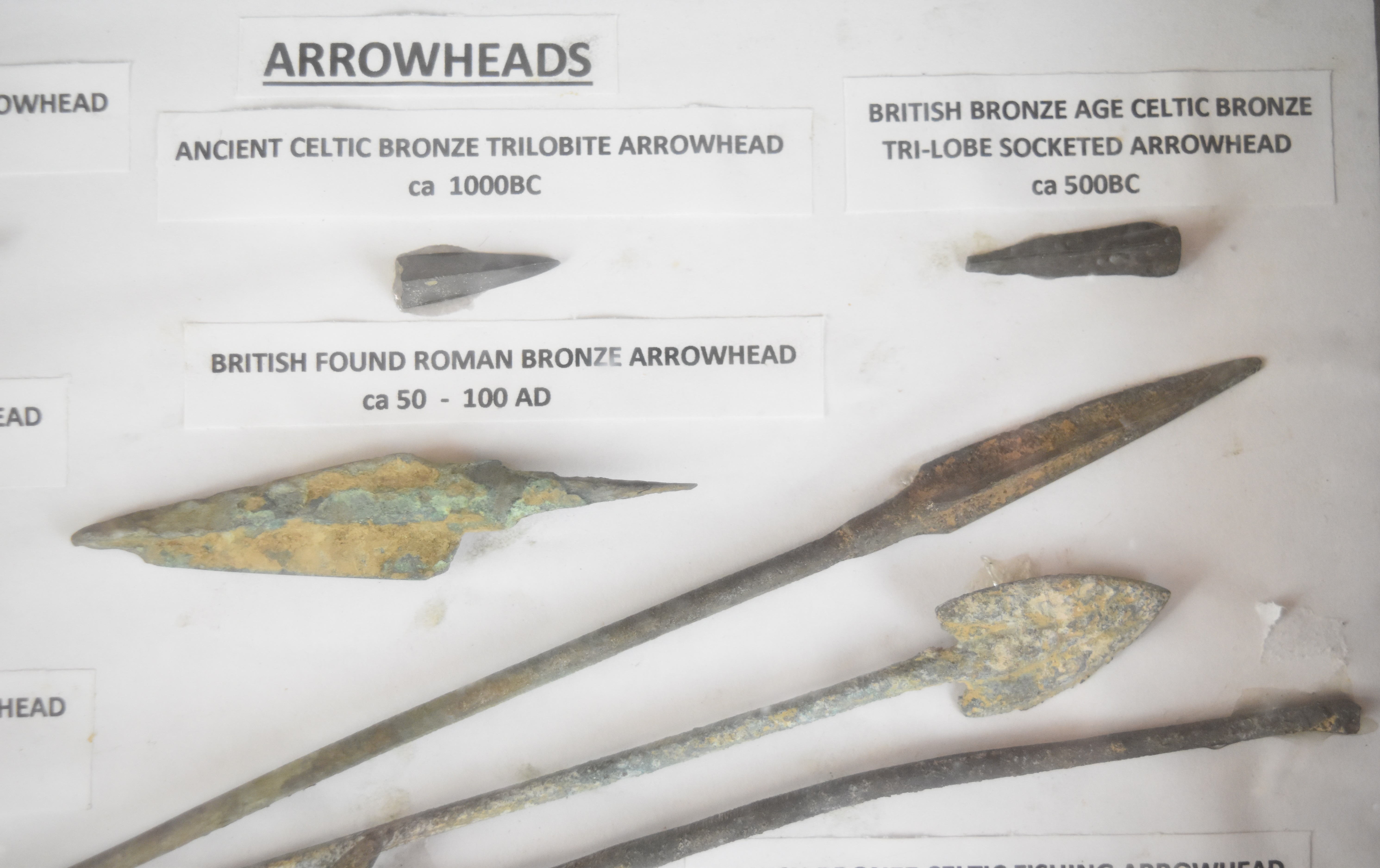 Mounted display of ancient arrow heads including Greek, Celtic, Roman, Viking and Danish, case - Image 4 of 10
