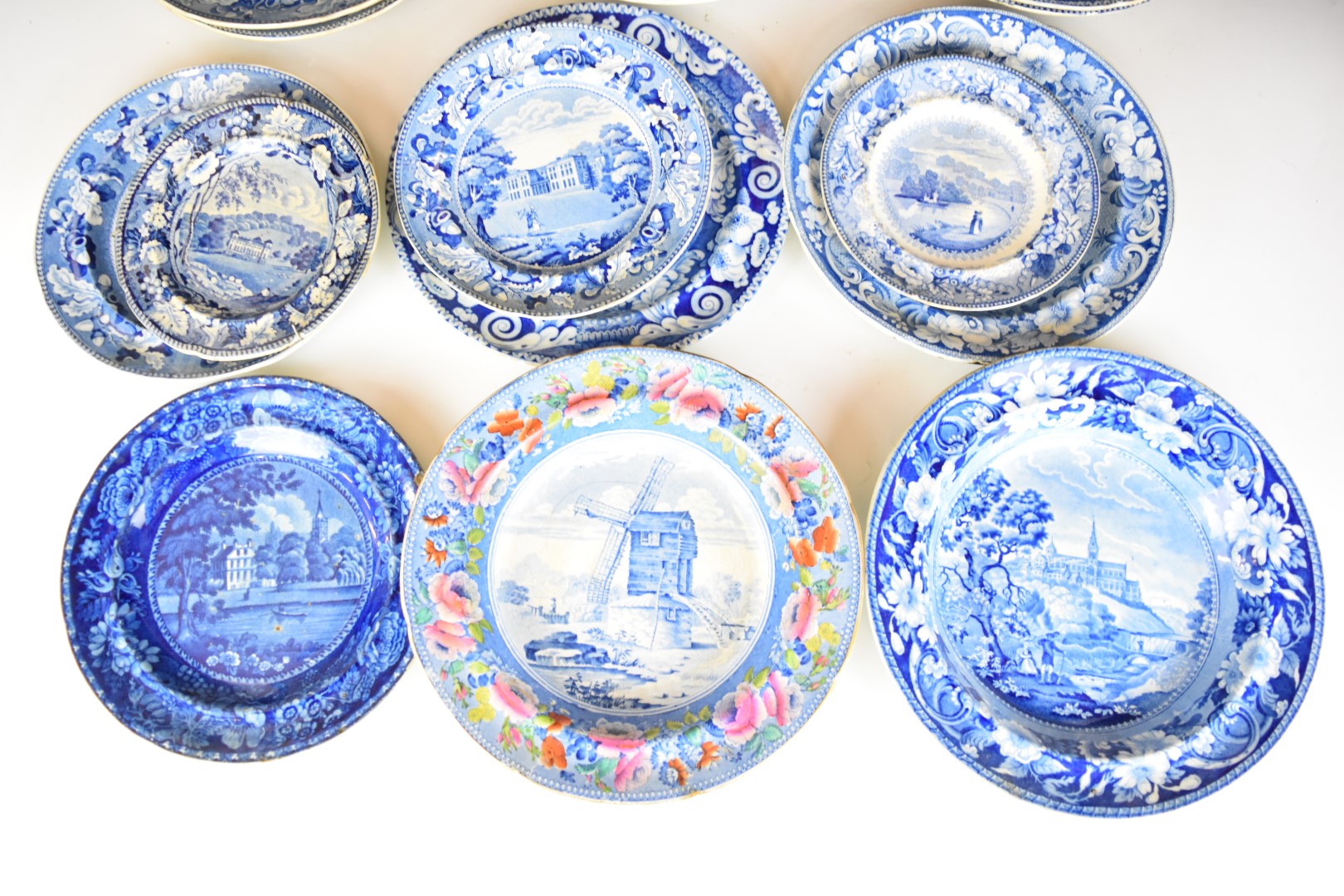 Collection of 19thC blue and white transfer printed ware, named scenes include Lambton Hall - Image 2 of 6