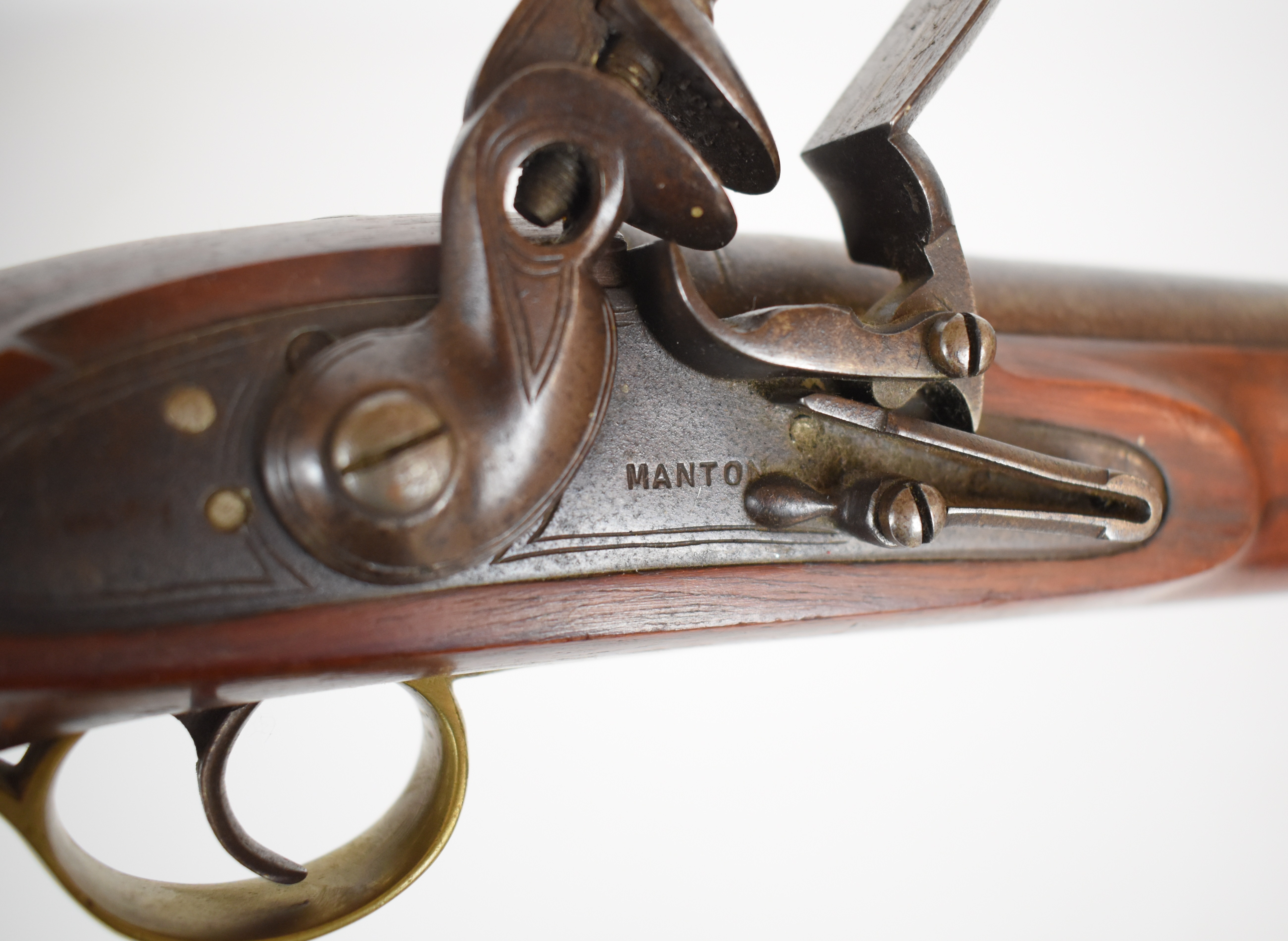 Replica flintlock pistol with lock stamped 'Manton', brass trigger guard, butt plate and mounts, - Image 2 of 4