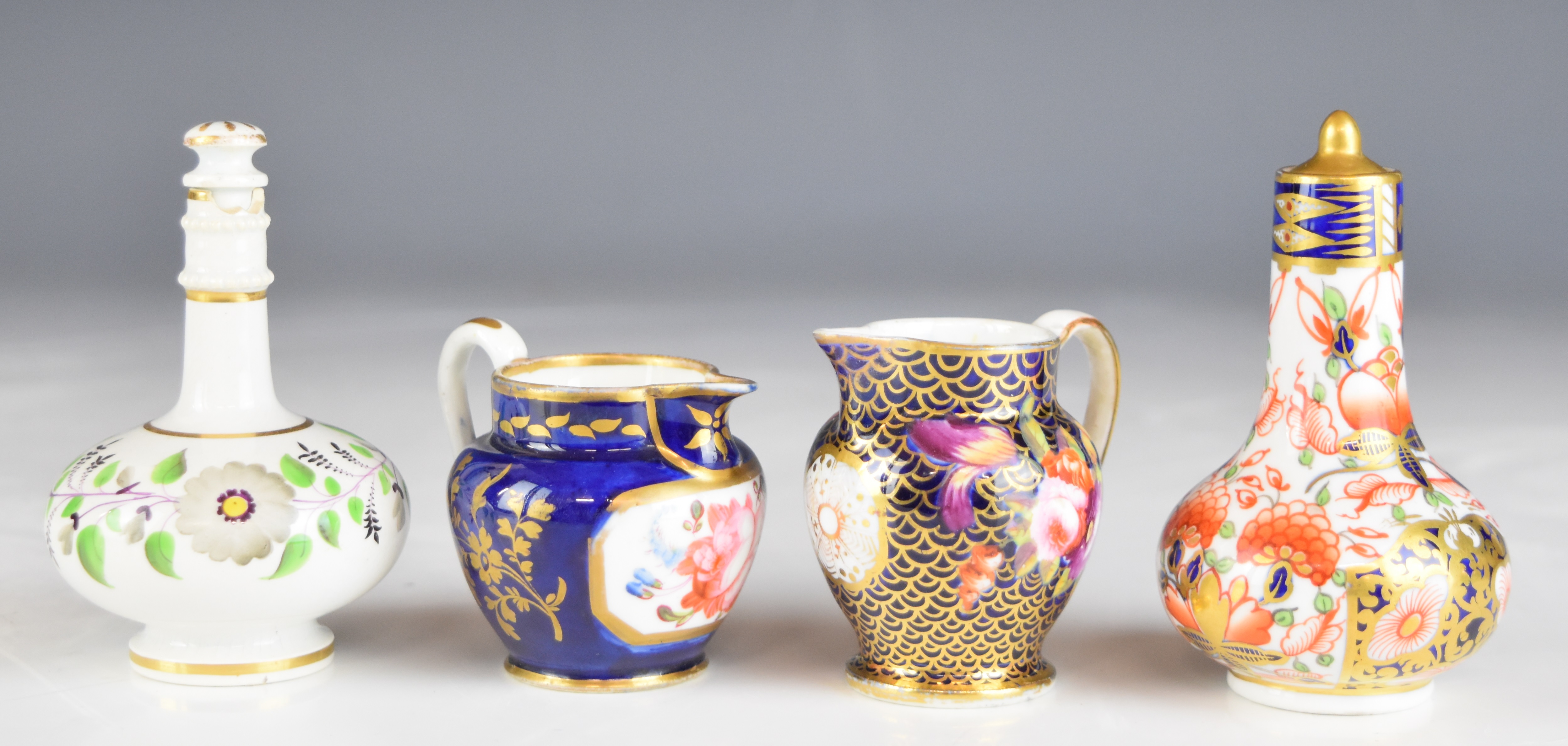 Crown Derby Imari and Davenport covered scent / perfume bottles, Coalport miniature jug with - Image 8 of 14