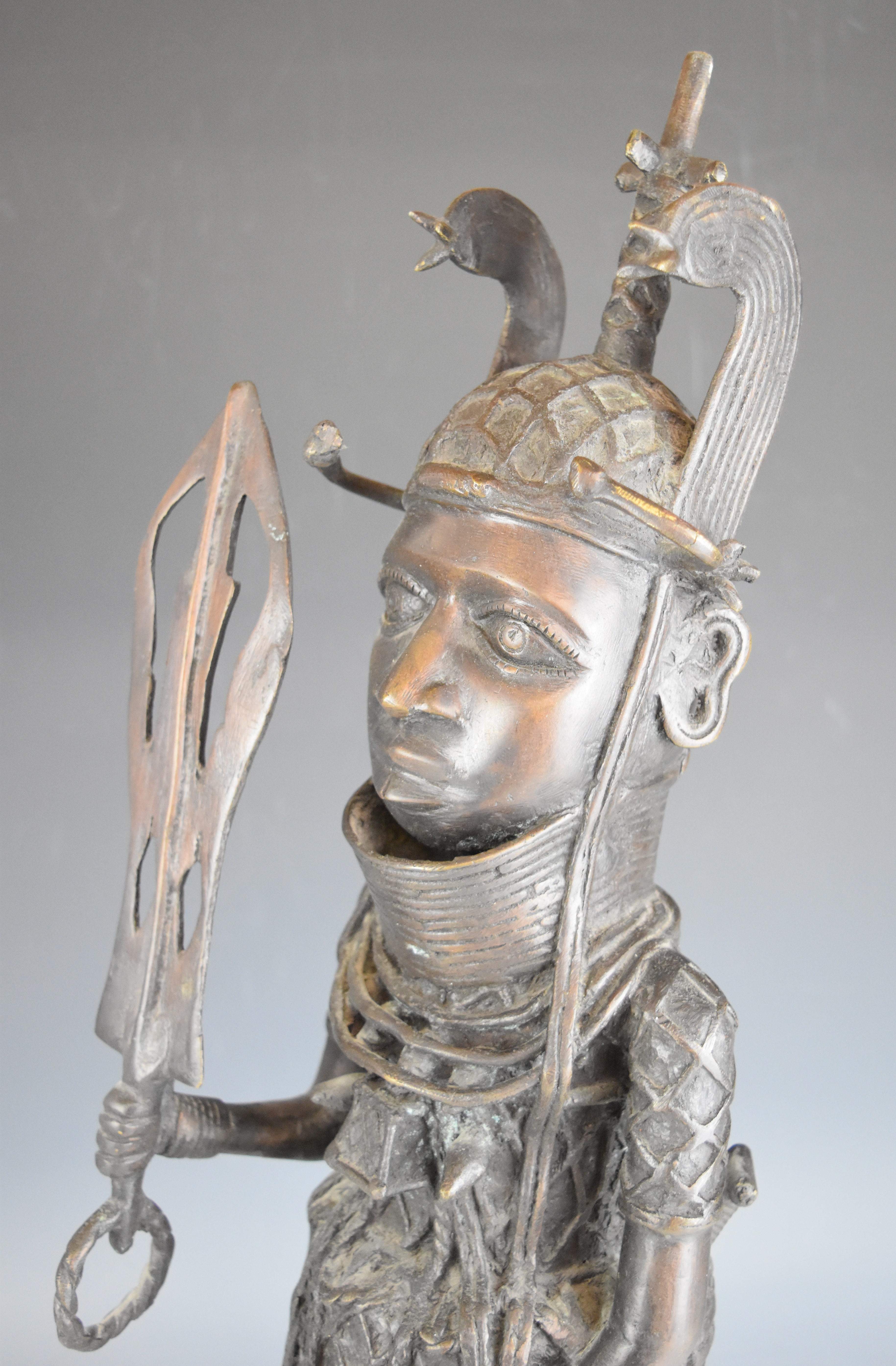 Large Benin bronze or similar figure of a warrior, height 61cm - Image 2 of 4