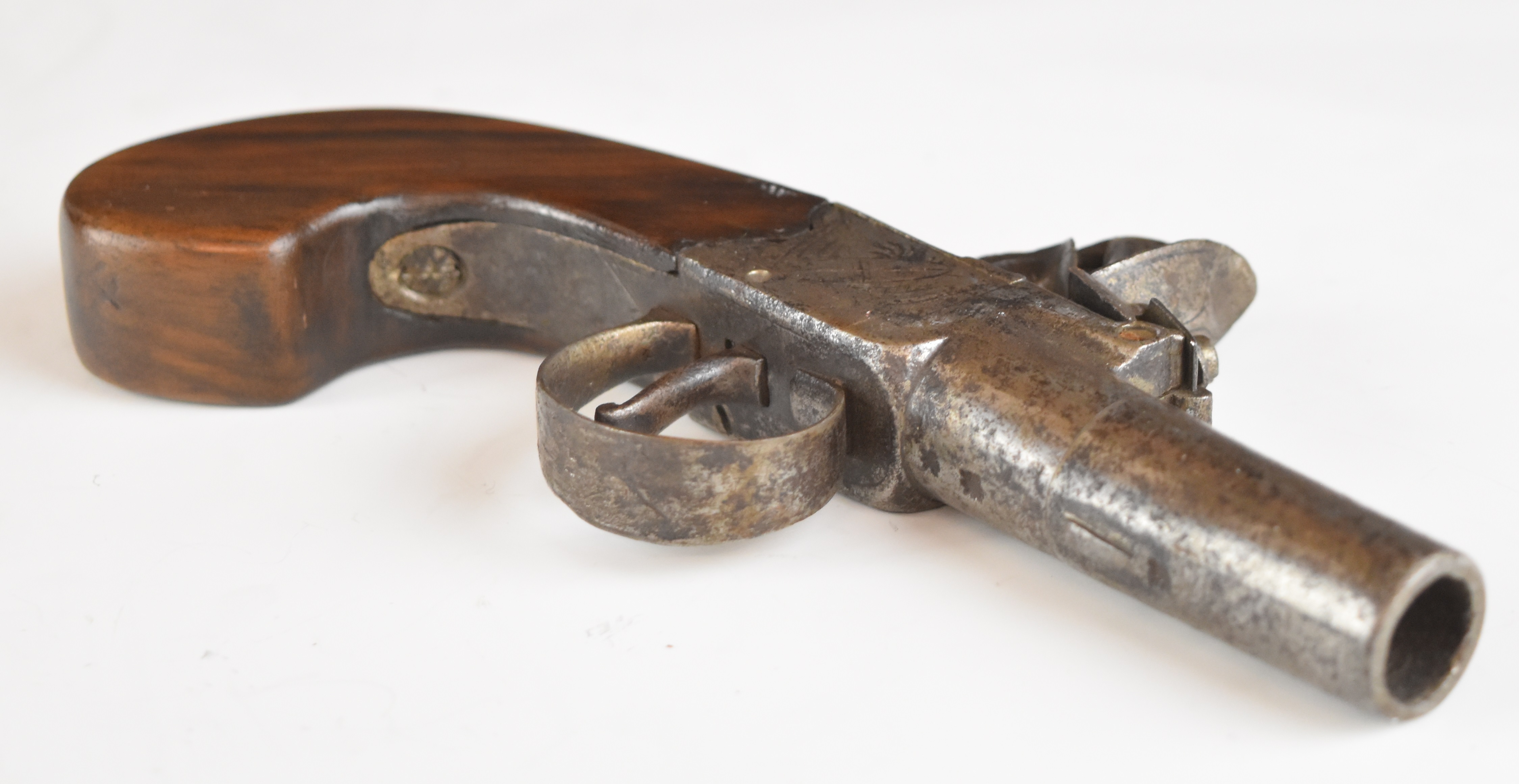 Unnamed 40 bore flintlock pocket pistol with engraved lock, wooden grip and 2 inch turn-off - Image 4 of 12