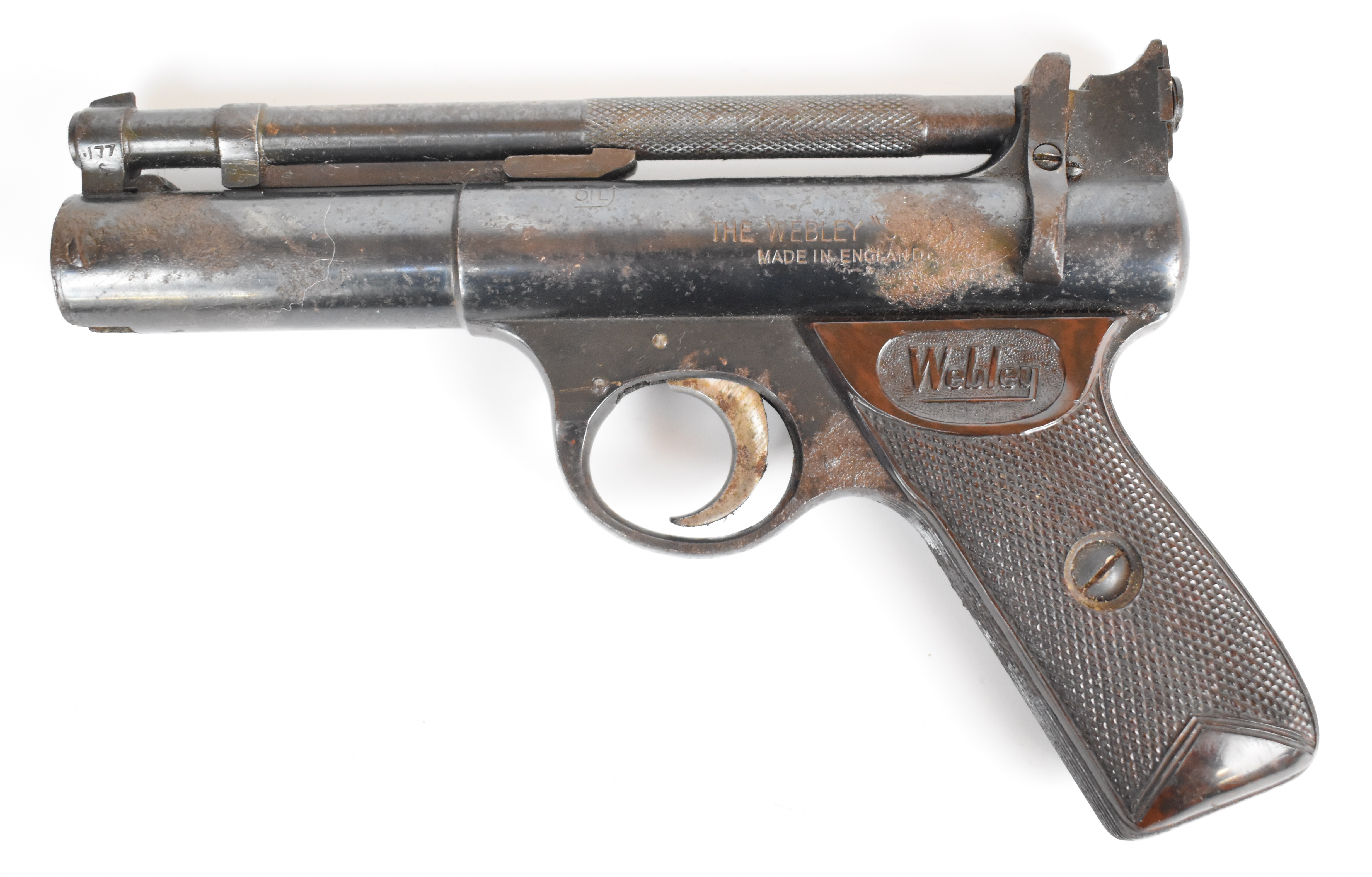 Webley Senior .177 air pistol with named and chequered Bakelite grips and adjustable sights, - Image 2 of 12