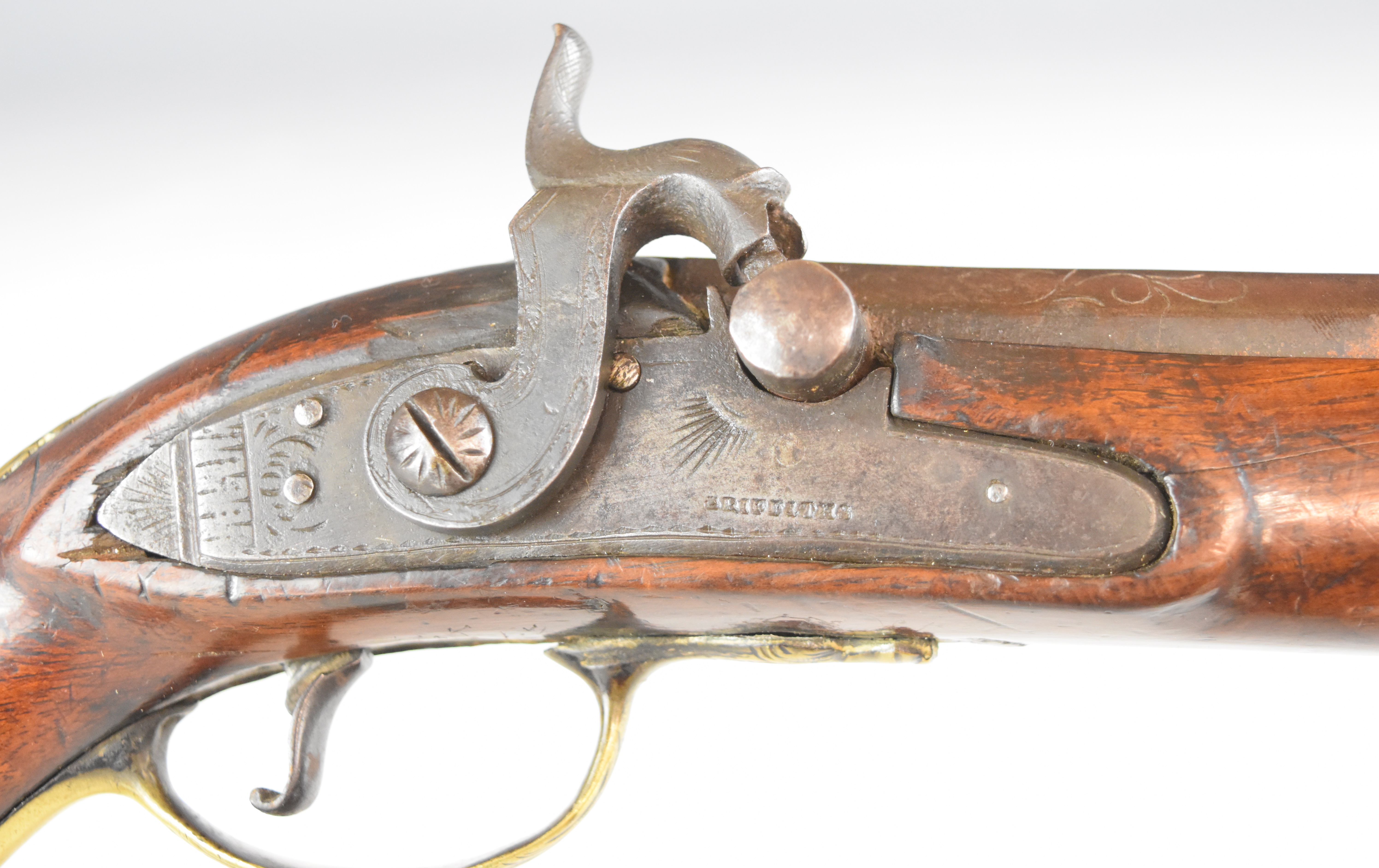 Griffiths percussion converted from flintlock hammer action pistol with named and engraved lock, - Image 11 of 13