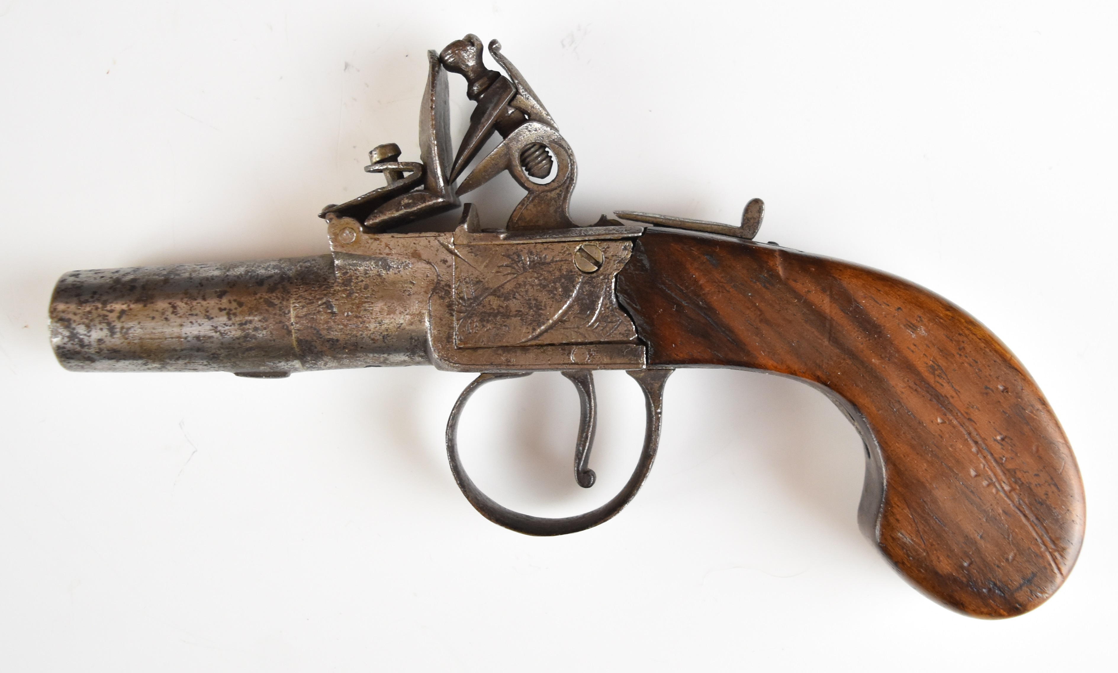 Unnamed 40 bore flintlock pocket pistol with engraved lock, wooden grip and 2 inch turn-off - Image 2 of 12