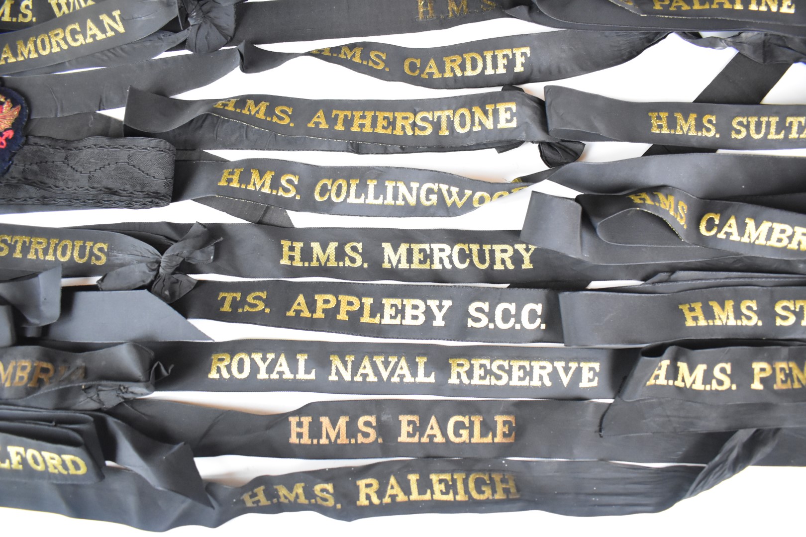 Approximately thirty Royal Navy cap tallies including HMS Raleigh, HMS Eagle, HMS Cardiff, HMS - Image 3 of 5