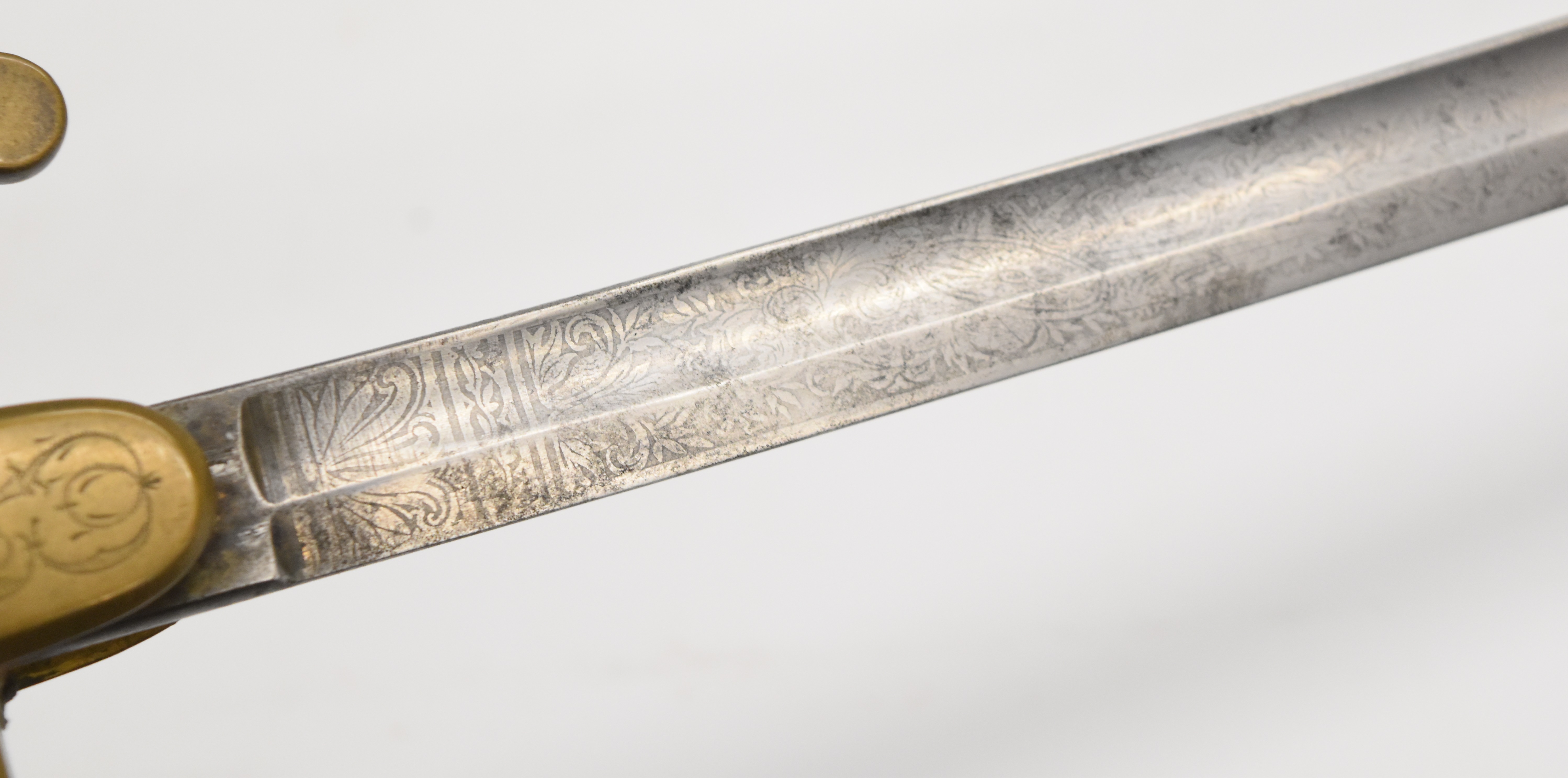 Prussian Artillery Officer's sword with stirrup hilt, shagreen grip, 80cm decorated blade and - Image 7 of 11