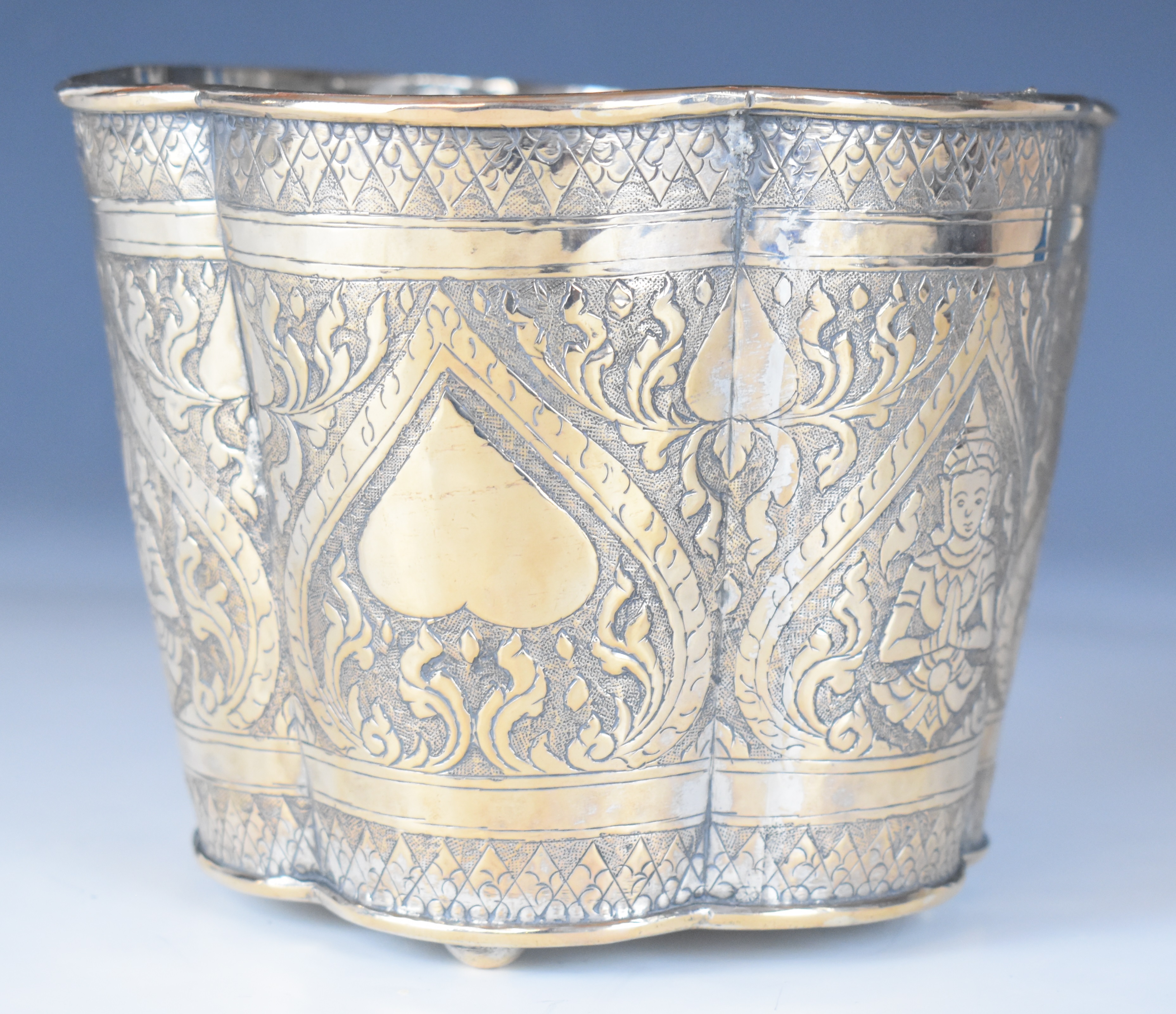 19thC Chinese, Burmese or similar Eastern silver wine cooler raised on three ball feet decorated - Image 3 of 4
