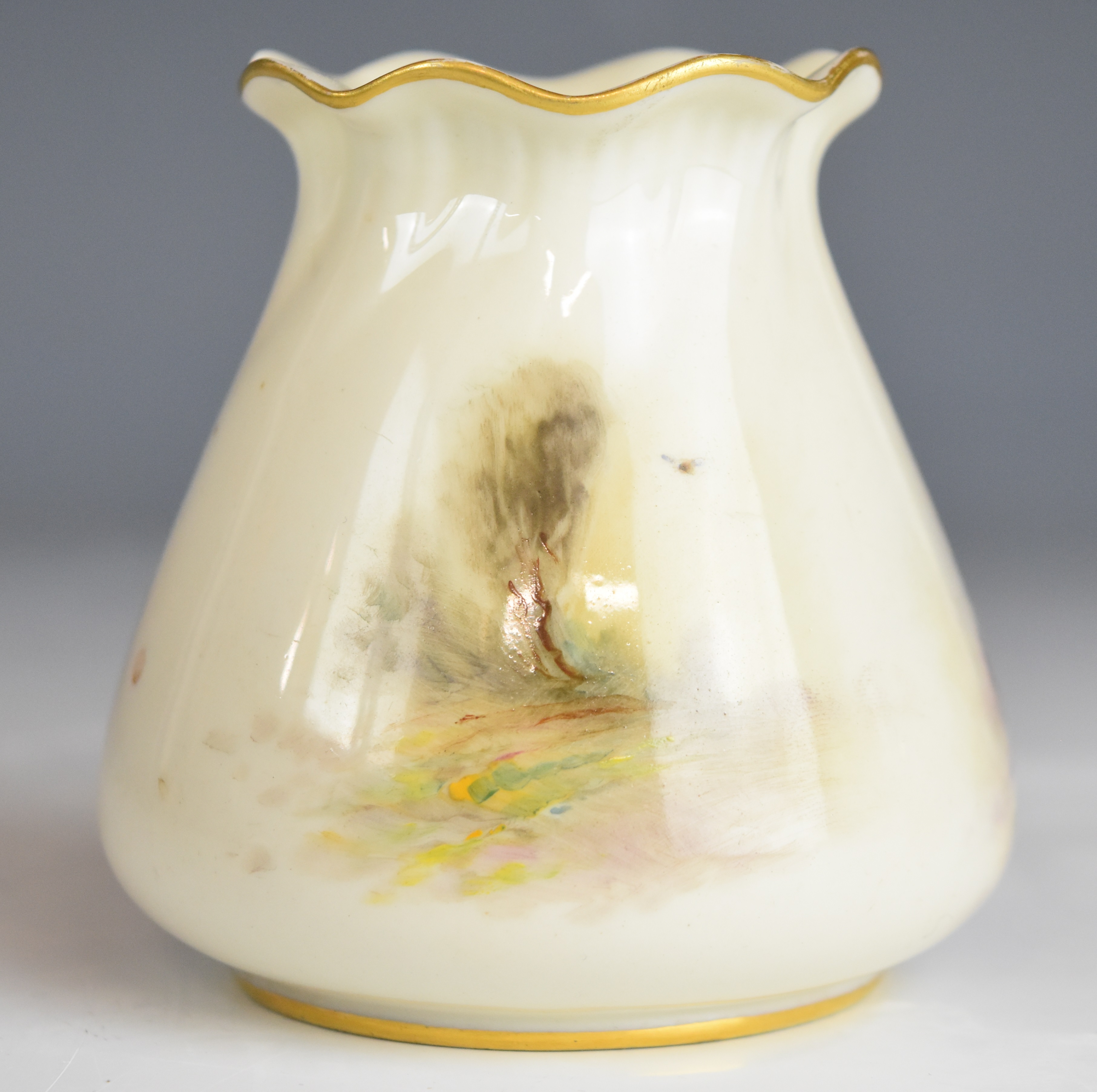 Royal Worcester signed James Stinton pedestal vase with frilled rim, decorated with pheasants, - Image 2 of 8