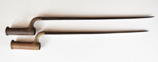 Two socket bayonets, one with locking clip and 39cm blade, the other stamped with a crown over 19 to