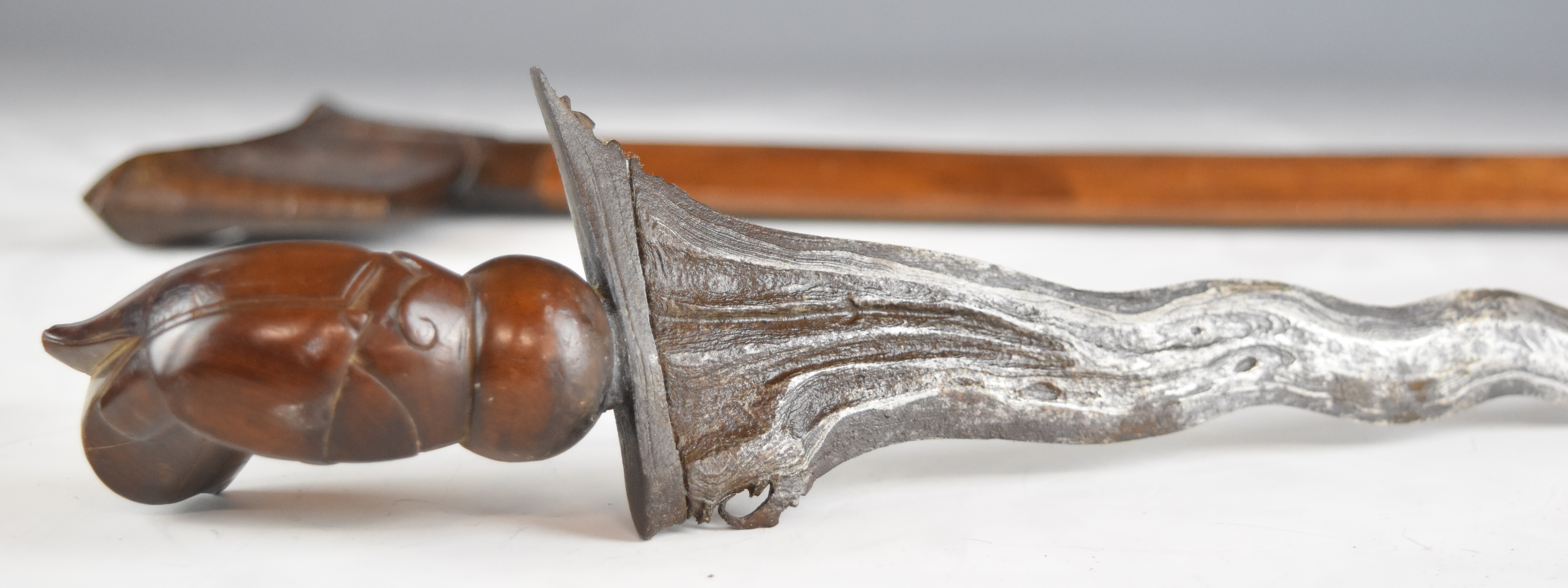 Malaysian Kris dagger with wooden grip, wavy edged 32cm blade and scabbard, together with a modern - Image 7 of 7