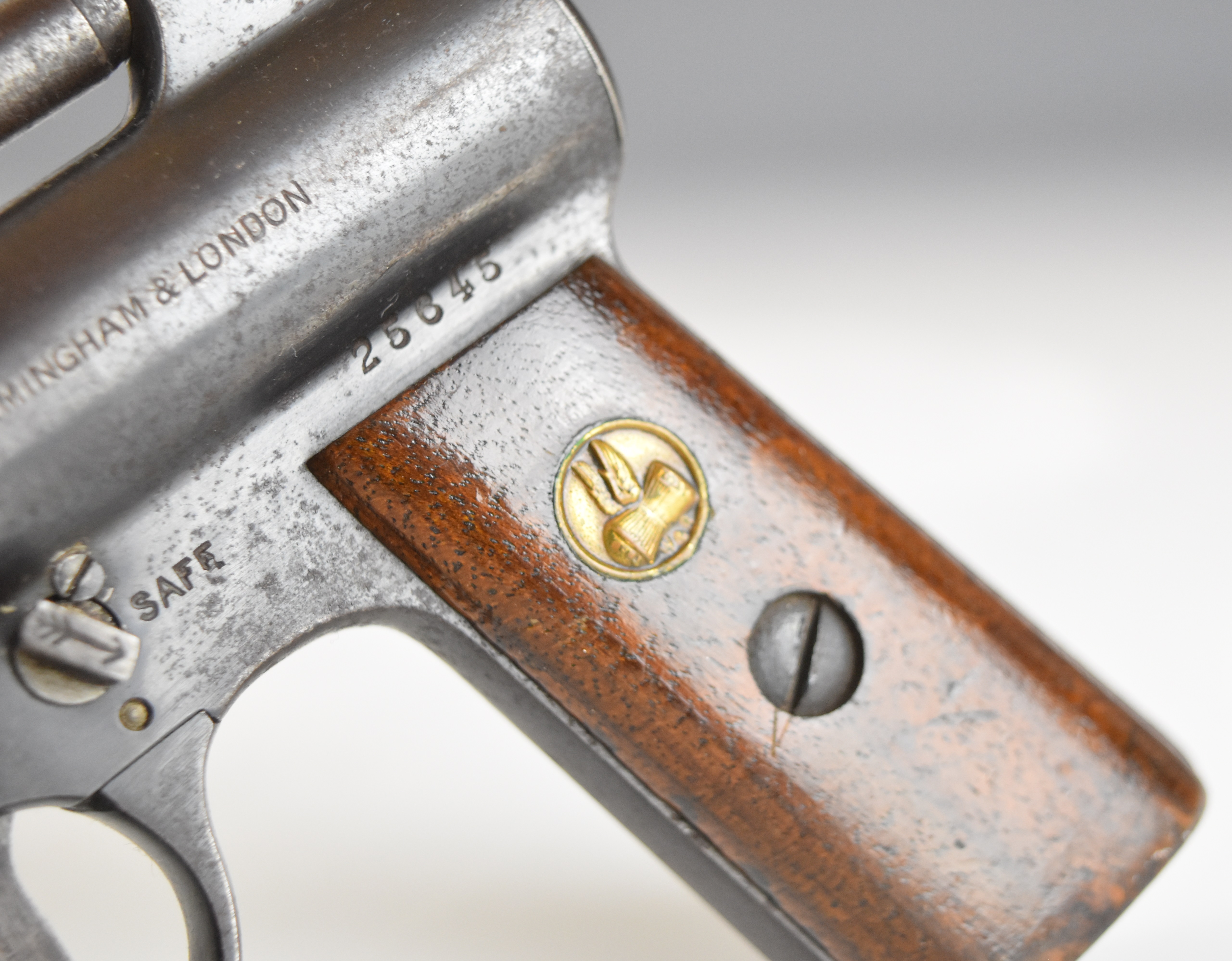 Webley Mark I .177 air pistol with logo inset to the wooden grips and adjustable sights, serial - Image 7 of 13