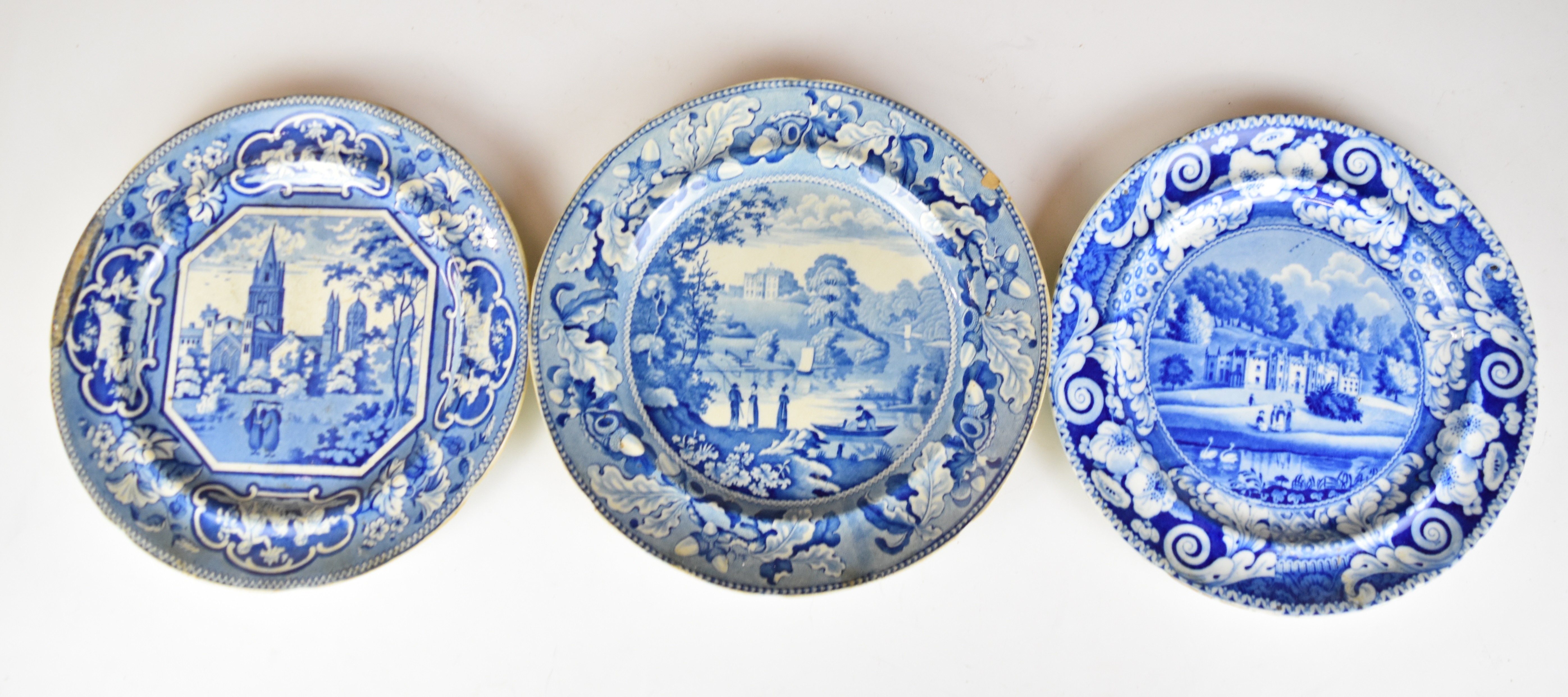 Collection of 19thC blue and white transfer printed ware, named scenes include Lambton Hall - Image 5 of 6