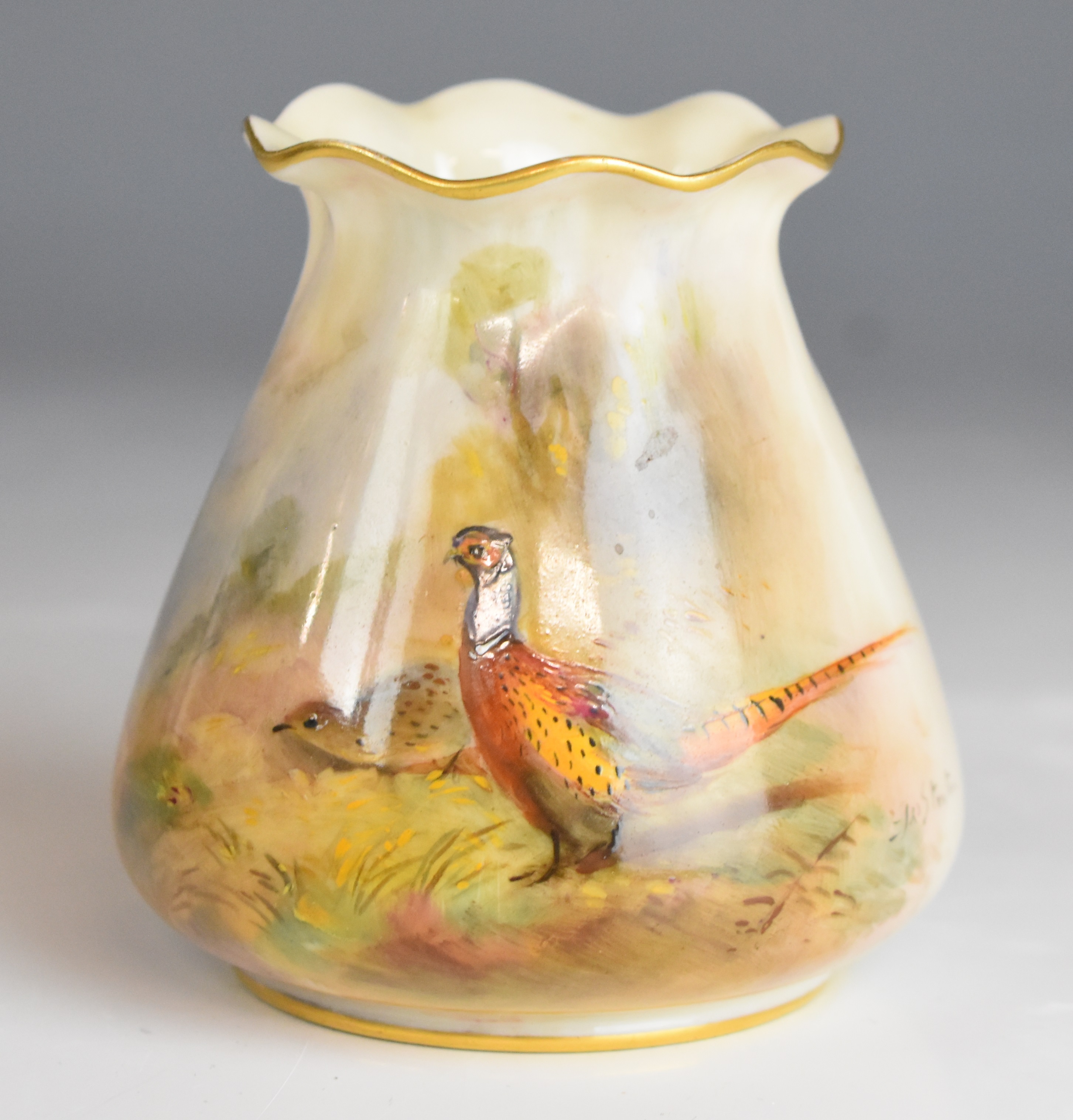 Royal Worcester signed James Stinton pedestal vase with frilled rim, decorated with pheasants, - Image 5 of 8