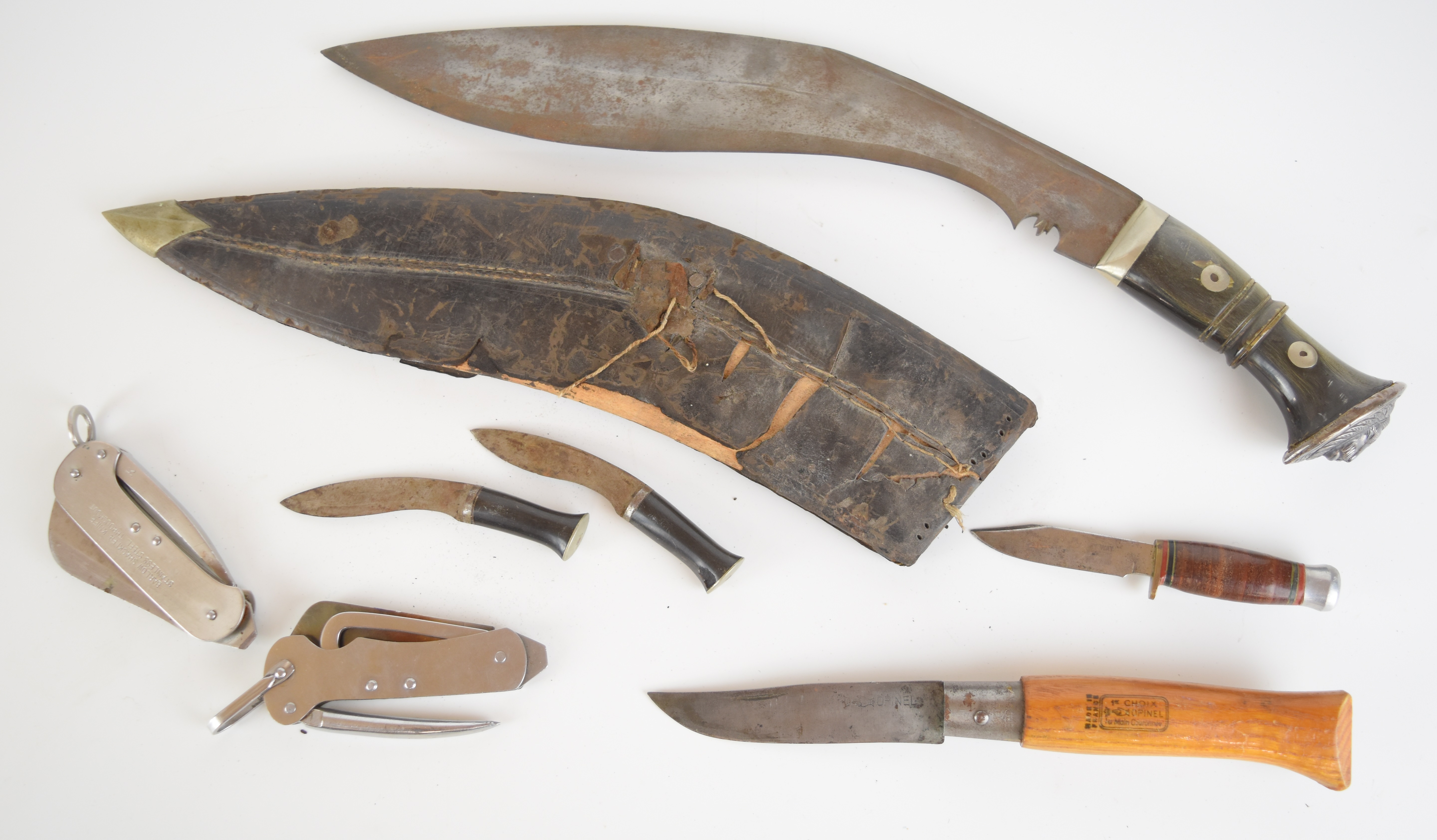 Five various knives comprising kukri stamped 'made in India' to 32cm blade, with sheath, two clasp