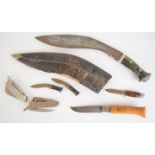 Five various knives comprising kukri stamped 'made in India' to 32cm blade, with sheath, two clasp