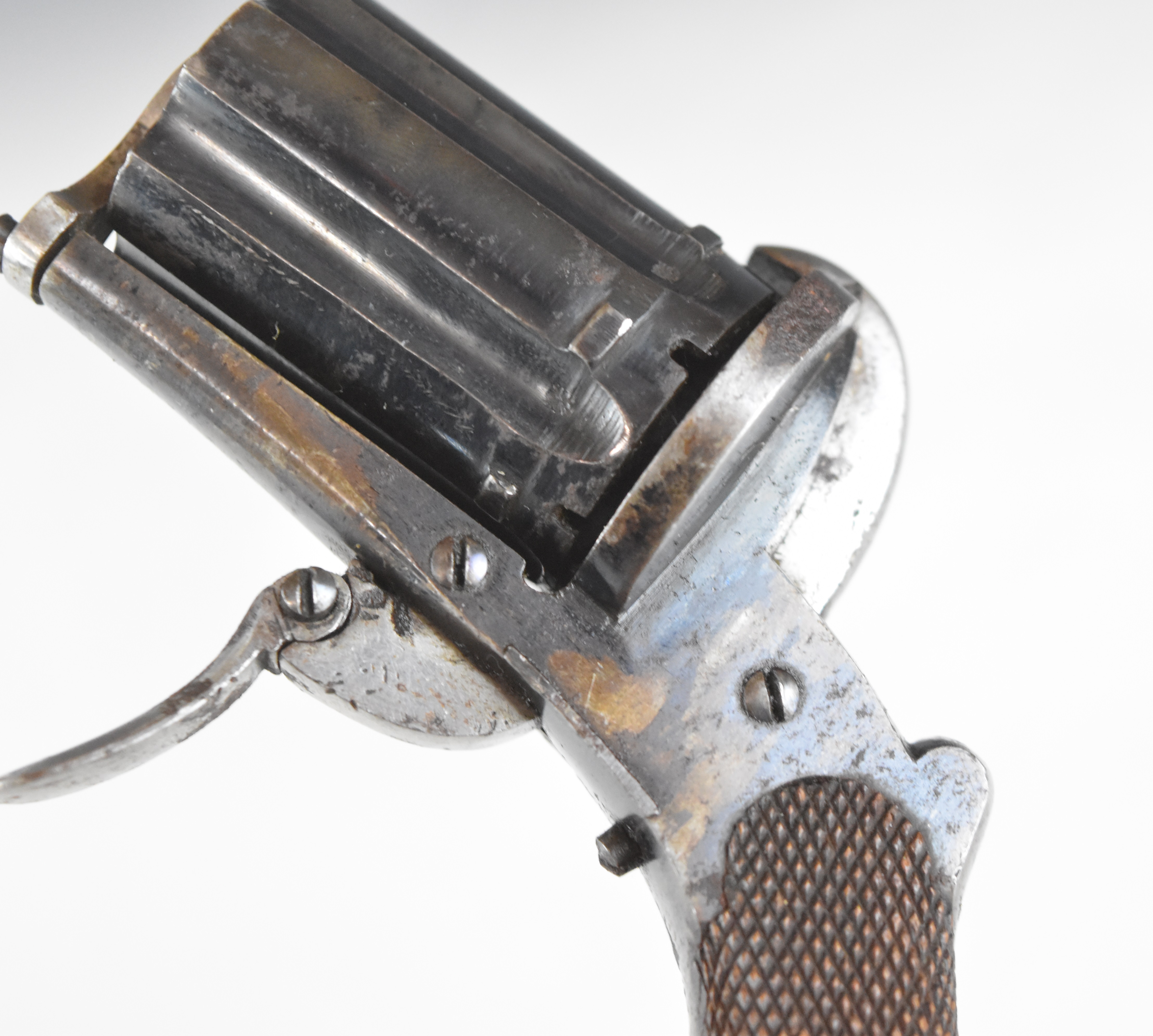 Unnamed 5mm six-shot pinfire hammer action pepperbox pistol/ revolver with chequered wooden grips, - Image 8 of 8
