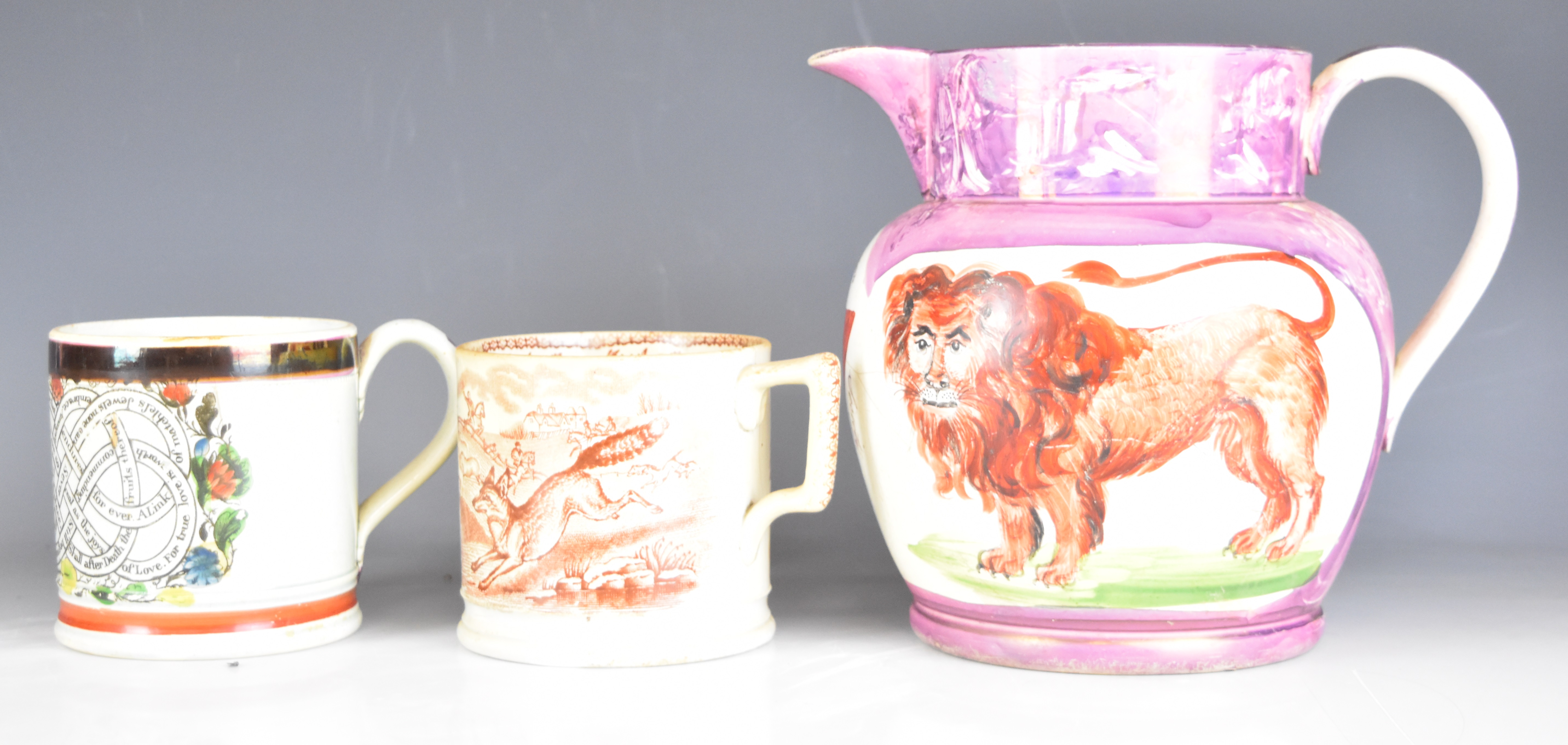 Collection of 19thC transfer printed cups, mugs and tankards, many featuring dogs, nursery ware, - Image 7 of 14