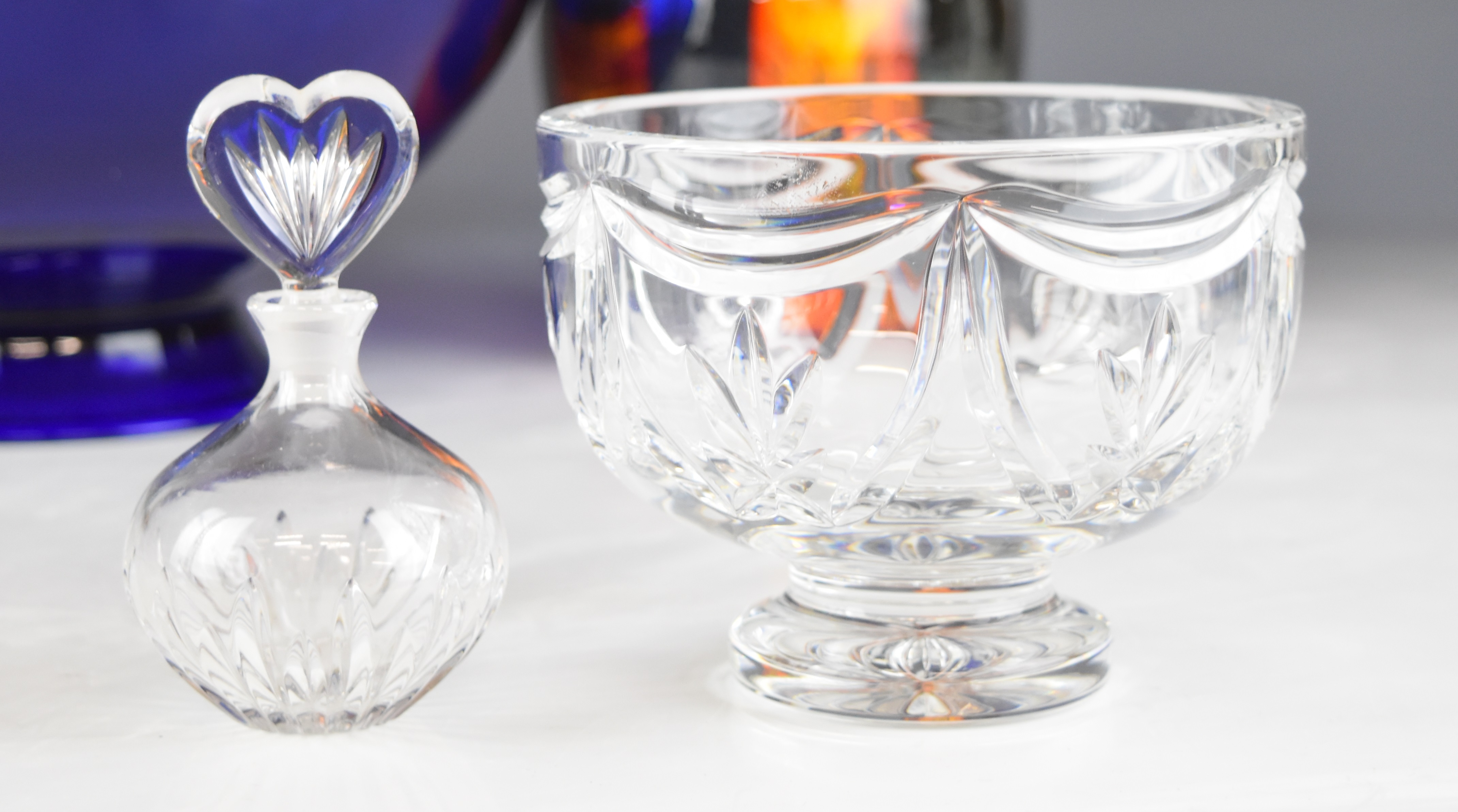 Bristol Blue pedestal glass bowl, Waterford Crystal scent bottle and bowl, Poole pottery vase and - Image 2 of 7