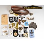 German WW2 and reproduction items including RAF cap badge, belt etc