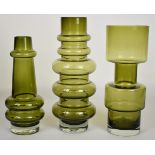 Three Tamara Aladin for Riihimaen Lasi Riihimaki glass vases in sage green, largest 30cm tall.