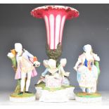 19thC German figural porcelain centrepiece with overlaid, cut and gilded flared glass insert,