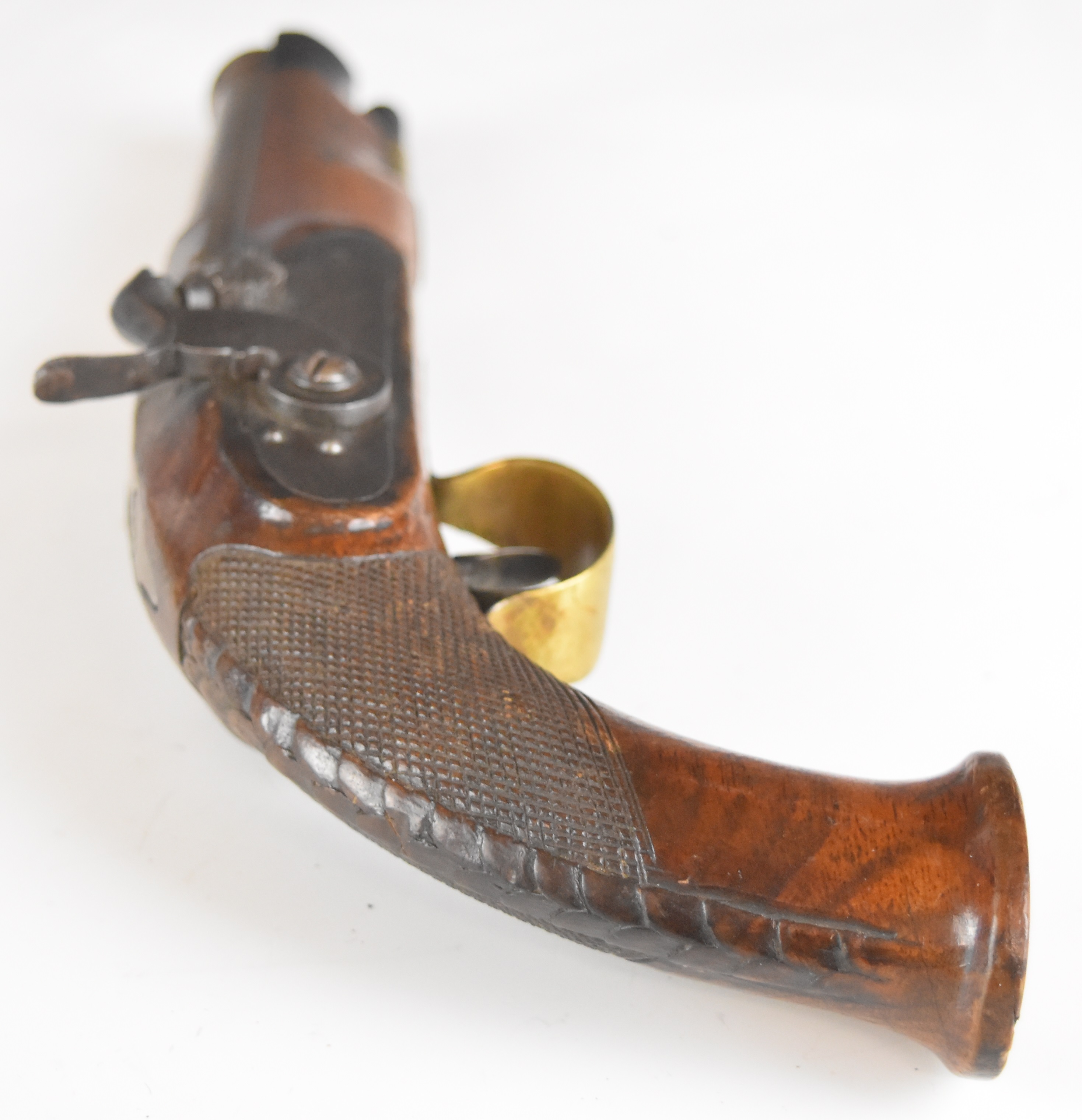 Unnamed percussion converted from flintlock hammer action coat pistol with shaped hammer, brass - Image 3 of 12