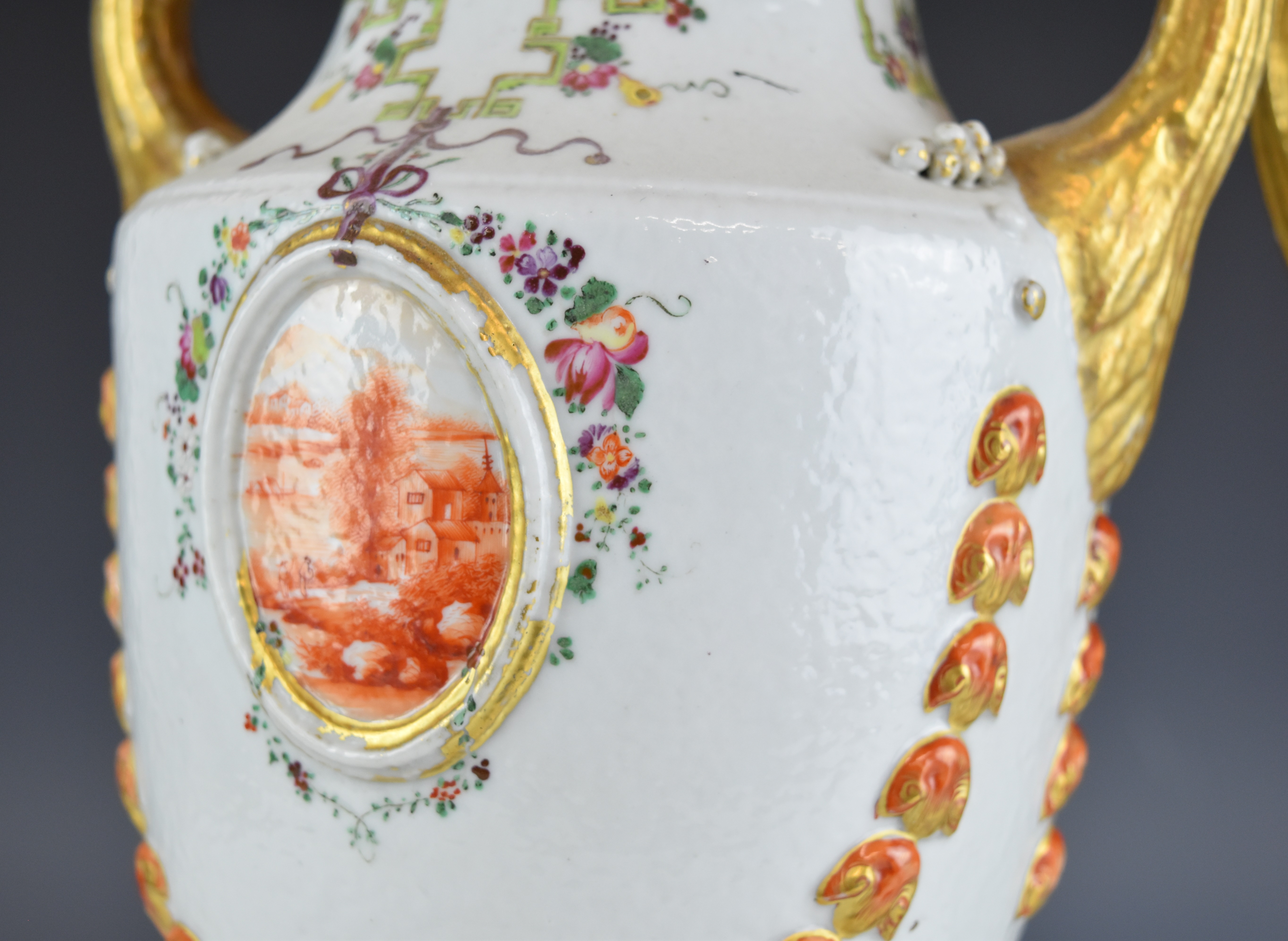 A pair of Chinese covered twin handled pedestal urns with relief moulded swags and landscape - Image 2 of 12